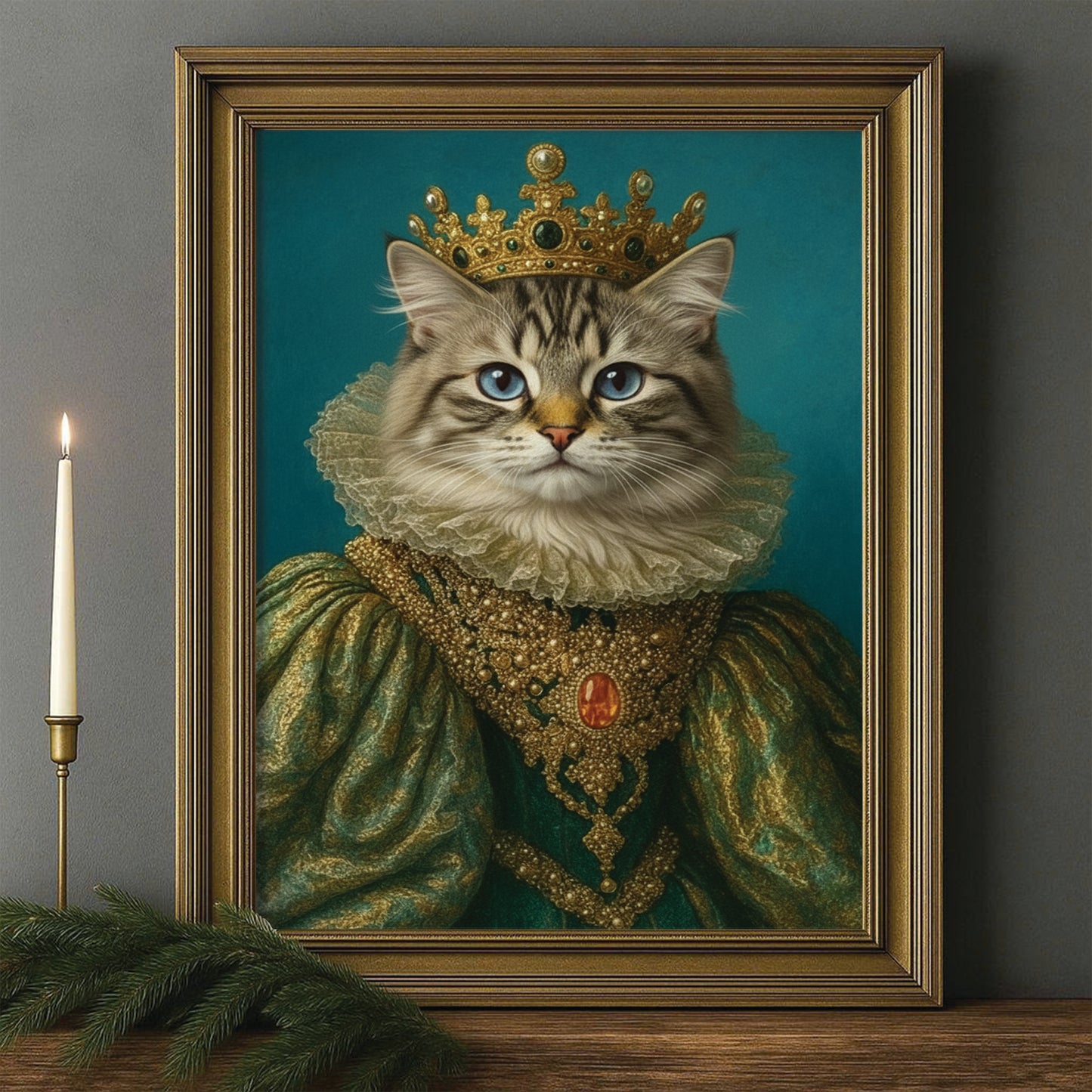 Custom Photo Potrait Royal Cat With Crown Canvas Framed Wall Art Gift For Cat Lovers