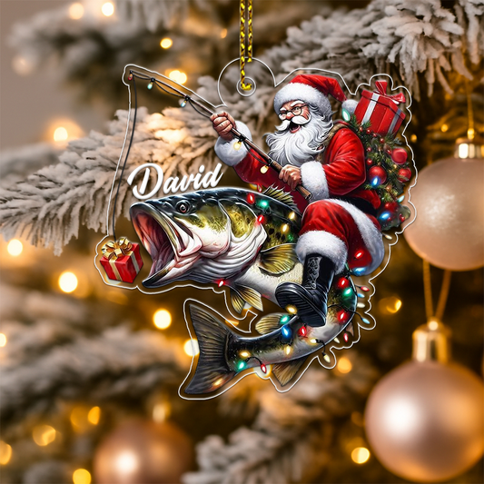 Custom Name Santa Fishing Acrylic Ornament Christmas Gift