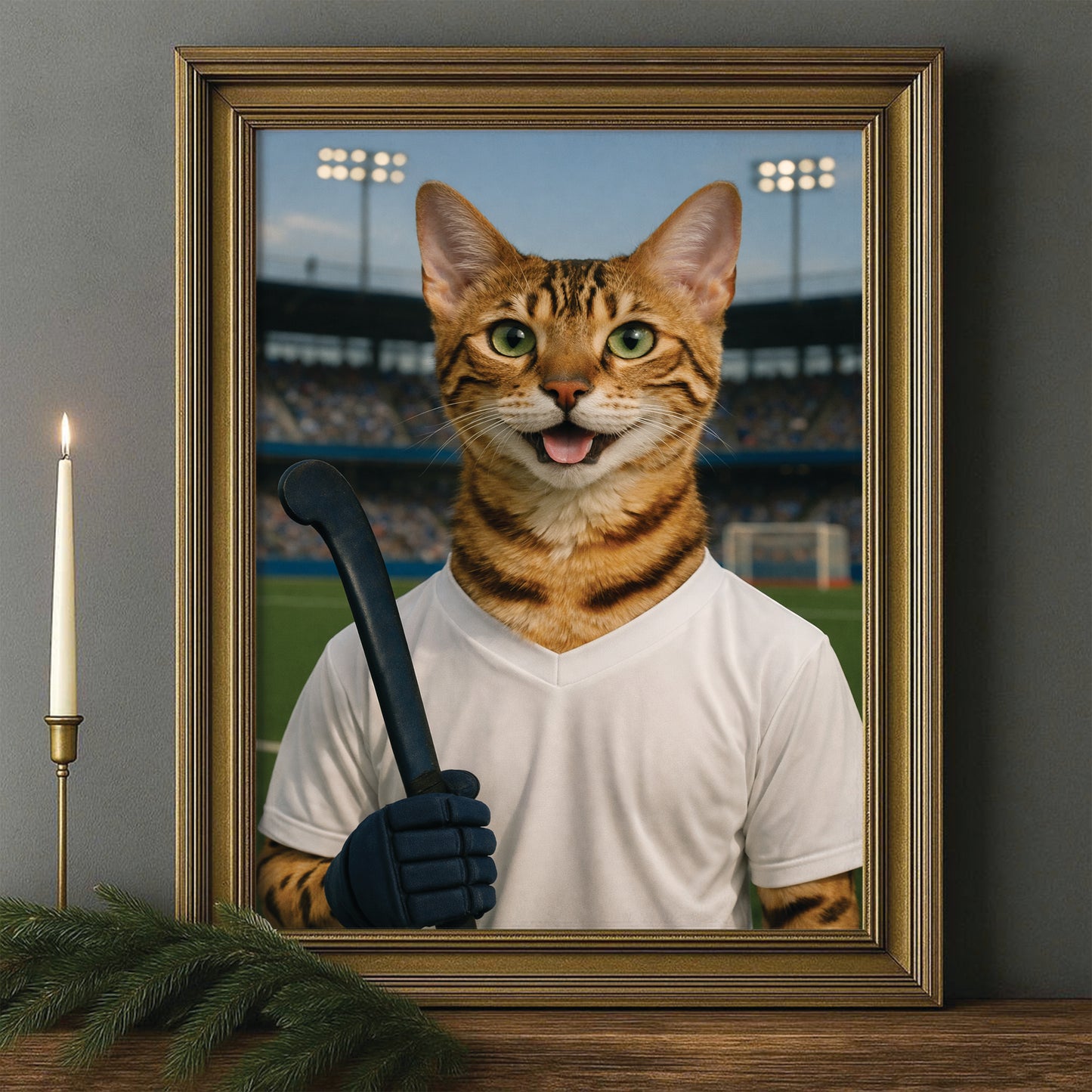Custom Photo Field Hockey Cat Canvas Framed Wall Art  Gift For Cat Lovers