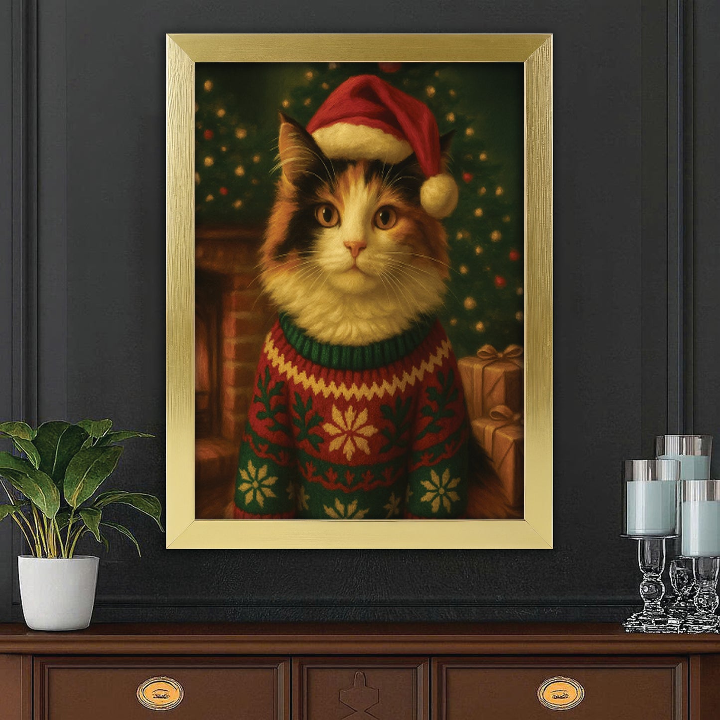 Custom Photo Cat Christmas Oufit Canvas Framed Wall Art