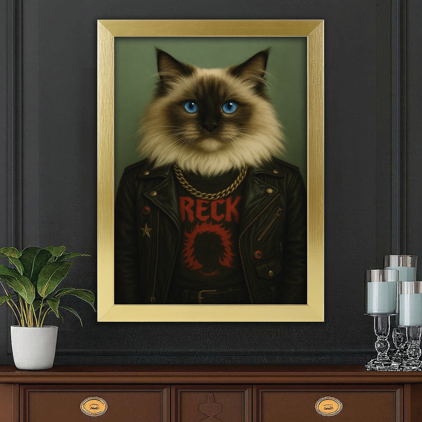 Custom Photo Rock n Roll Cat Canvas Framed Wall Art _ Gift For Cat Lovers
