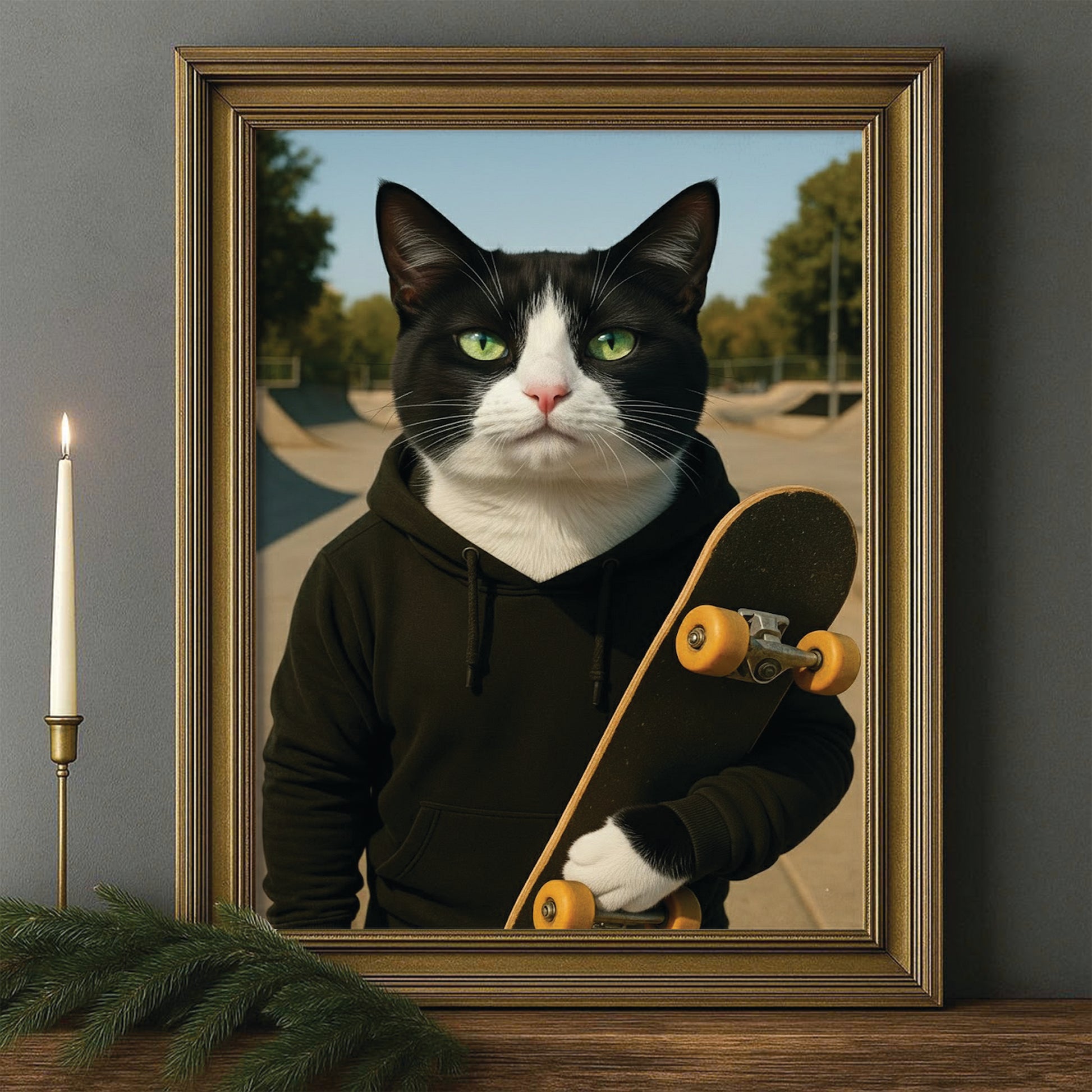 Custom Photo Skater Skateboard Canvas Framed Wall Art Gift For Cat Lovers