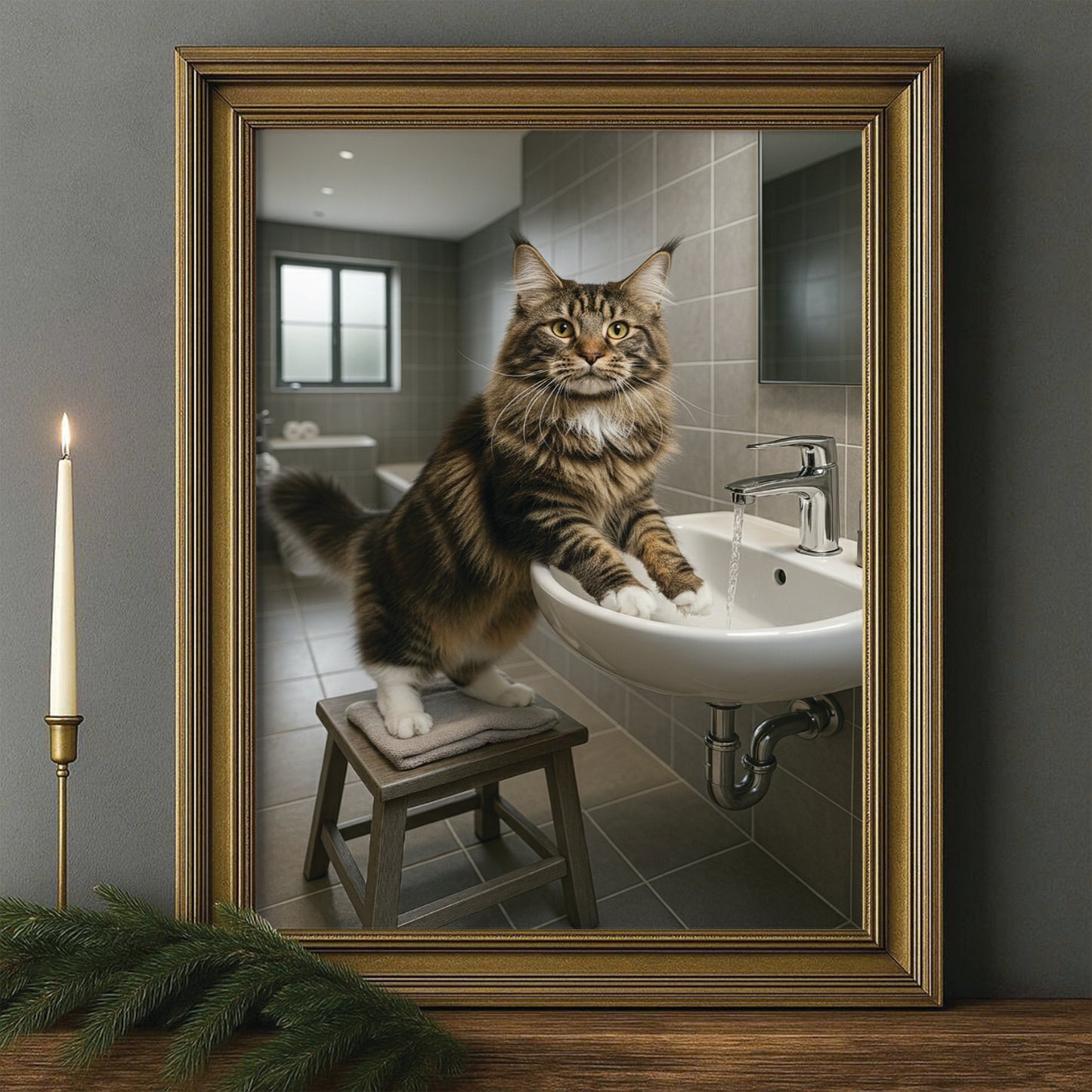 Custom Photo Cat In Bathroom Style 1 Canvas Framed Wall Art Gift For Cat Lovers