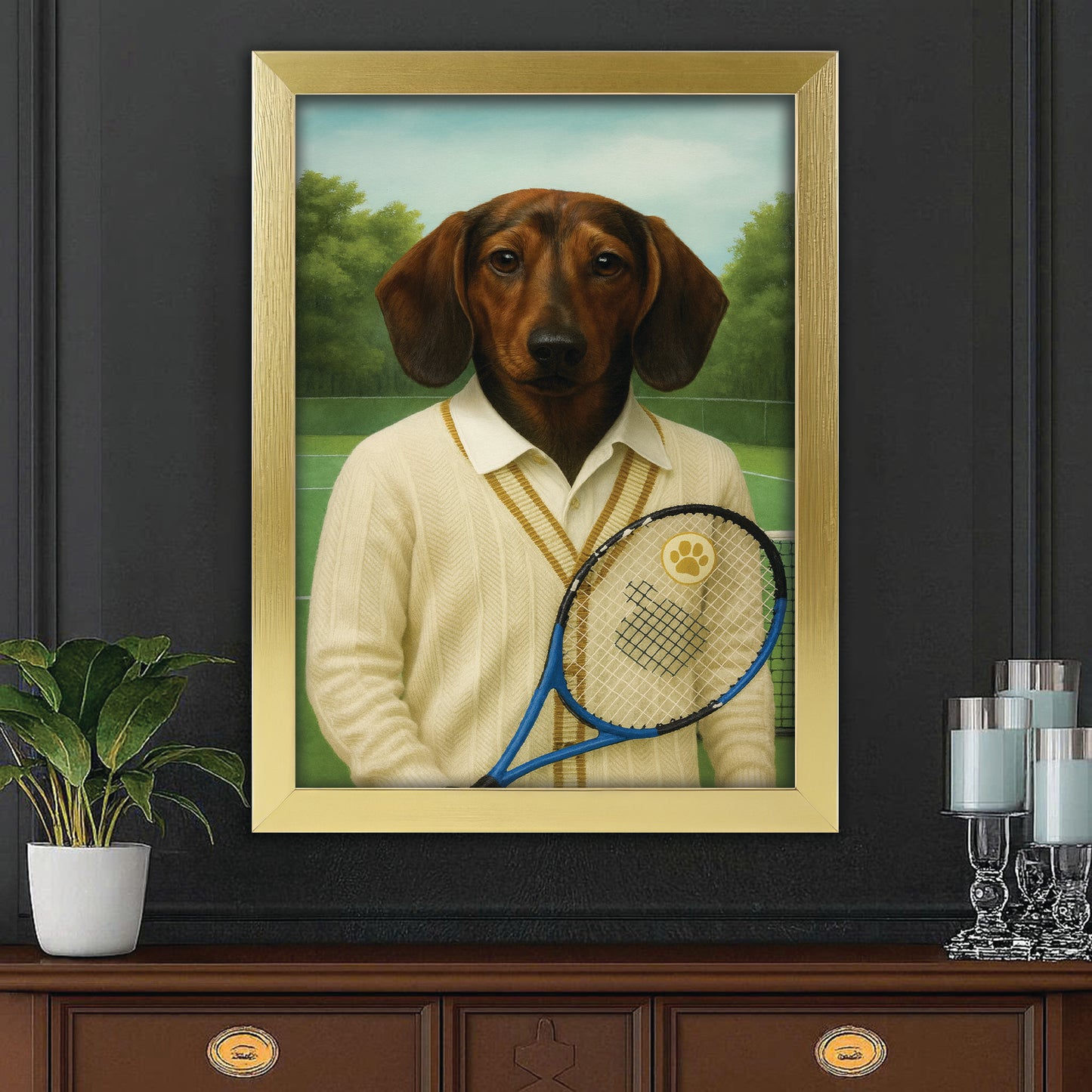Custom Photo Tennis Player Dog Canvas Framed Wall Art