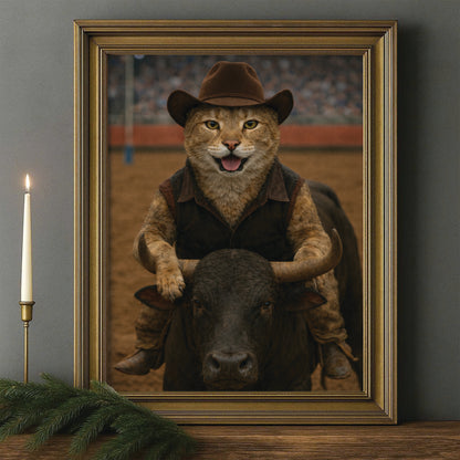 Custom Photo Bull Rider Cowboy Cat Canvas Framed Wall Art Gift For Cat Lovers