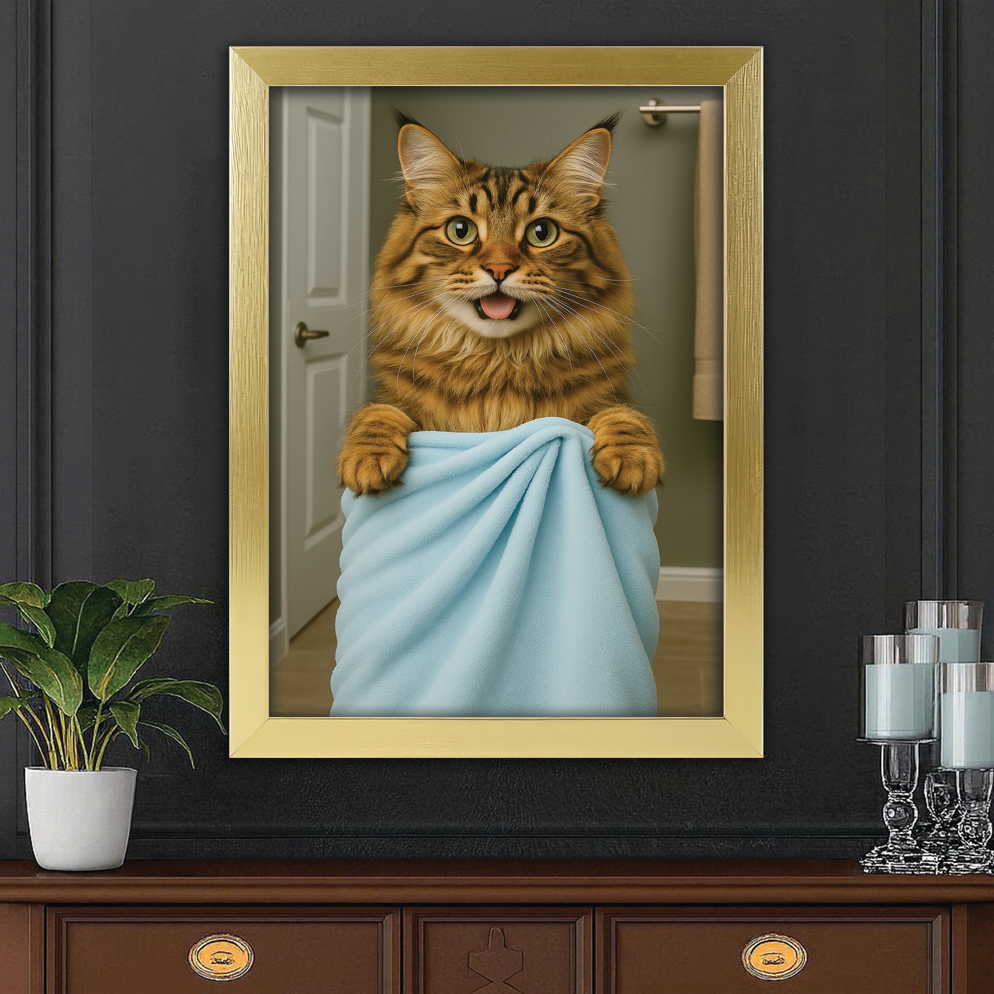 Custom Cat Photo In Bathroom Canvas Framed Wall Art Cat Lover Gifts