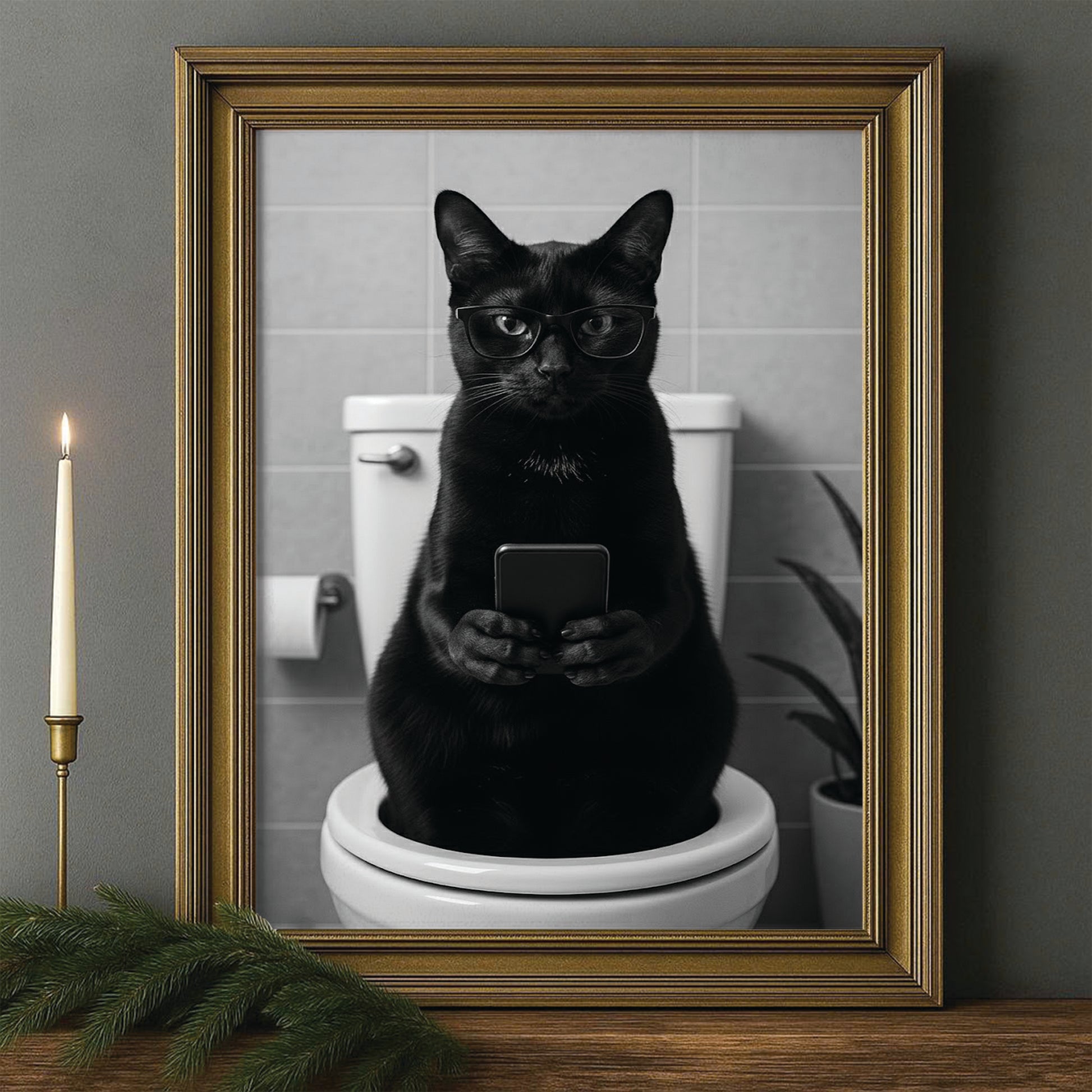 Custom Photo Cat Bathroom Style 14 Canvas Framed Wall Art Gift For Cat Lovers