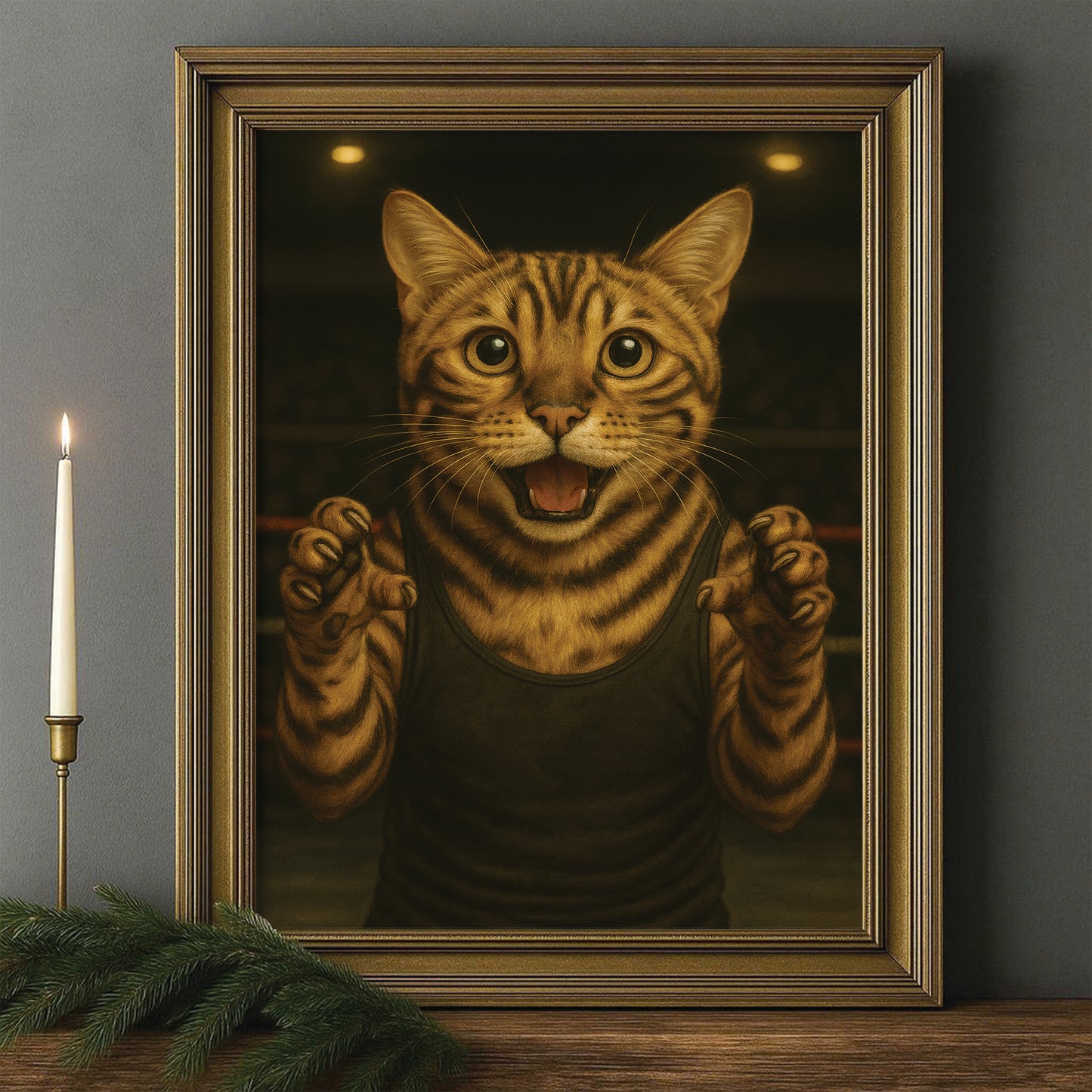 Custom Photo Wrestler Fighter Cat Canvas Framed Wall Art Gift For Cat Lovers