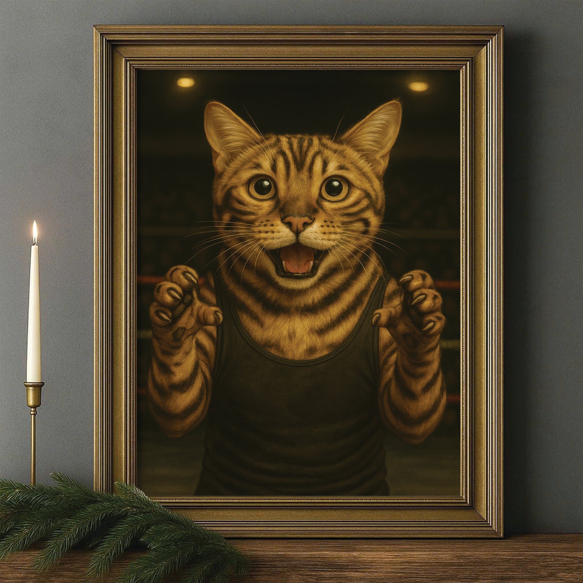 Custom Photo Wrestler Fighter Cat Canvas Framed Wall Art Gift For Cat Lovers