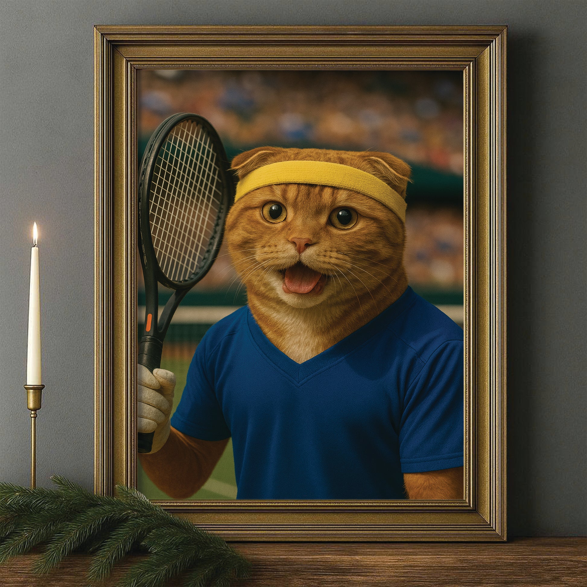 Custom Photo Tennis Player Cat Canvas Framed Wall Art Gift For Cat Lovers