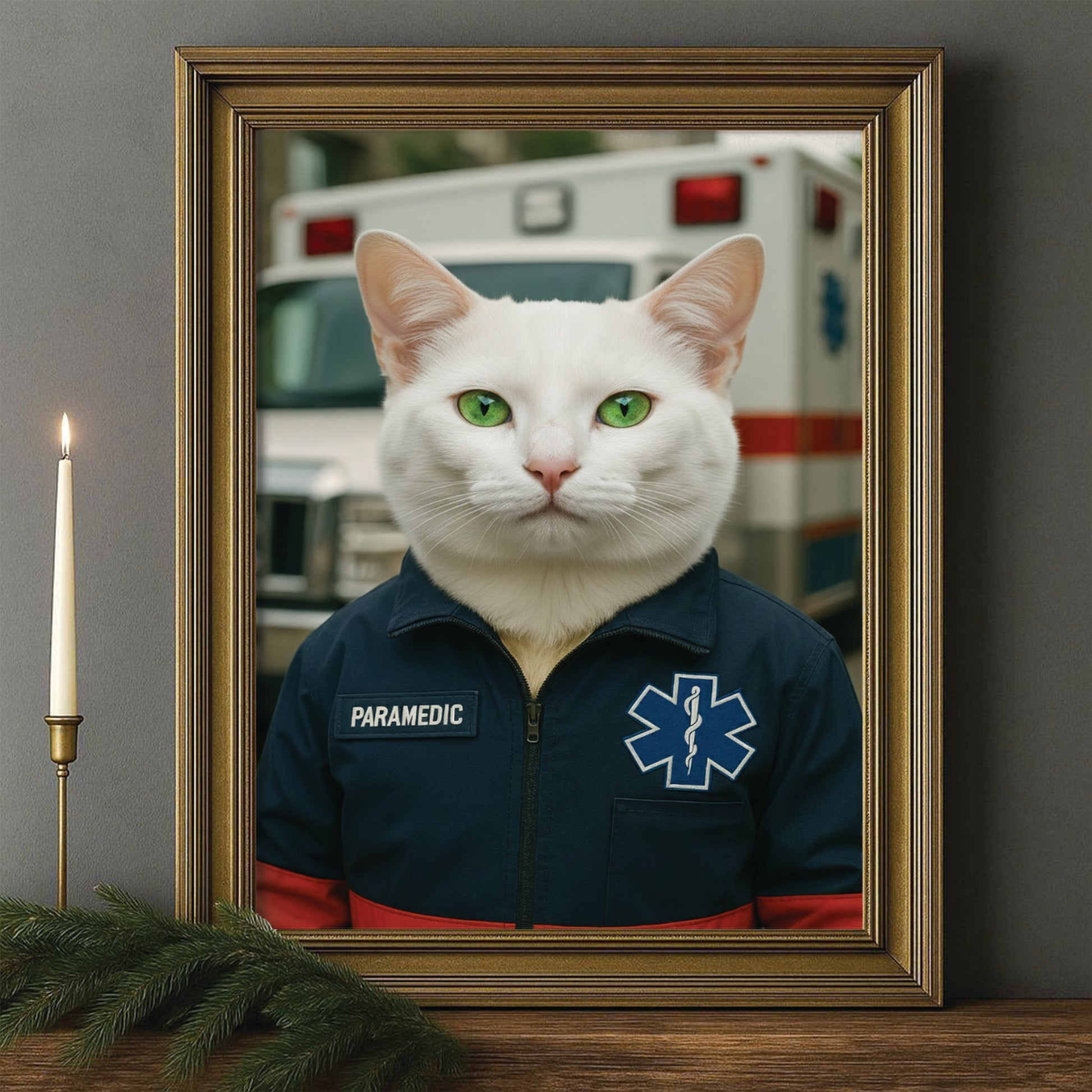Custom Photo Paramedic Emt Cat Canvas Framed Wall Art Gift For Cat Lovers