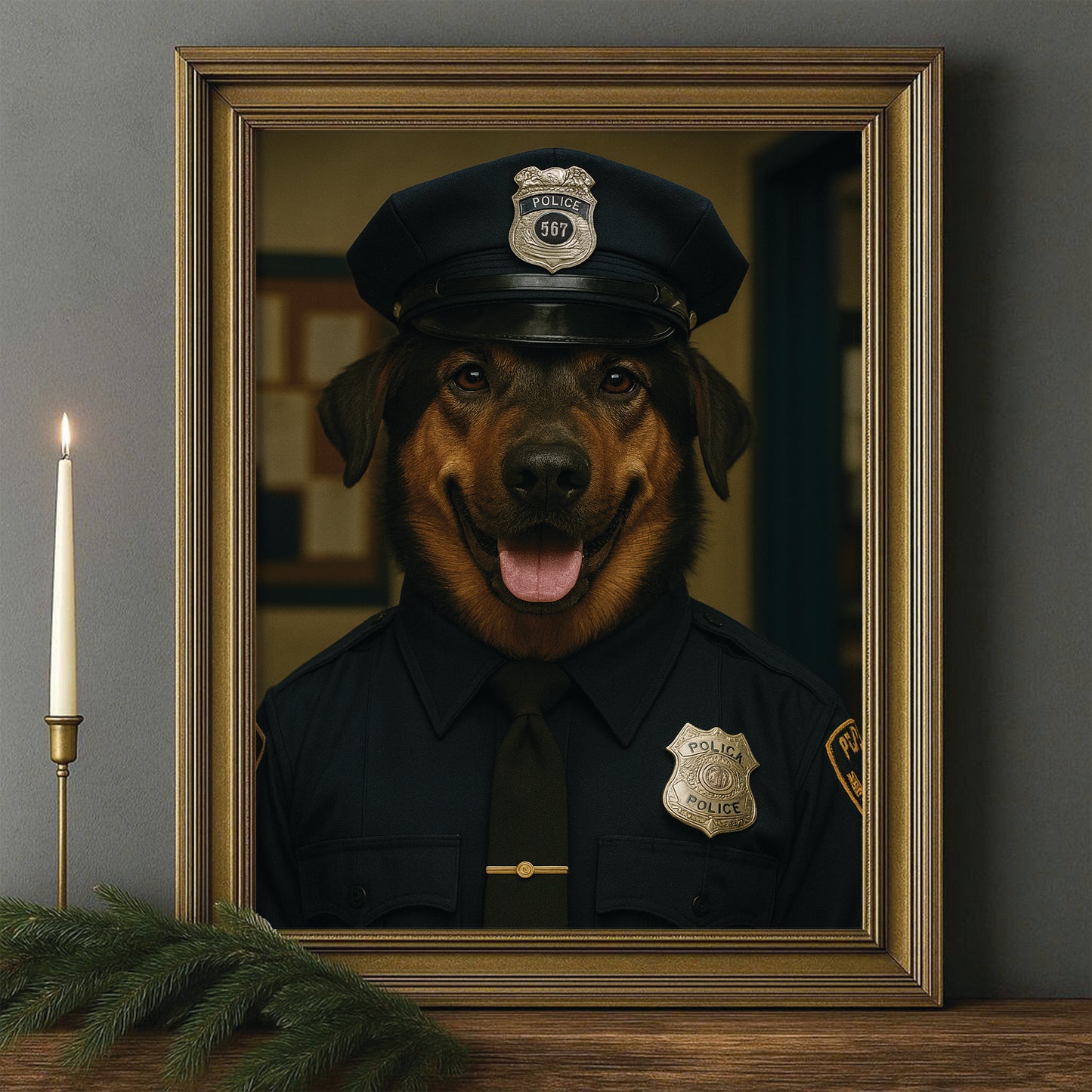 Custom Photo Police Dog Canvas Framed Wall Art Gift For Dog Lovers