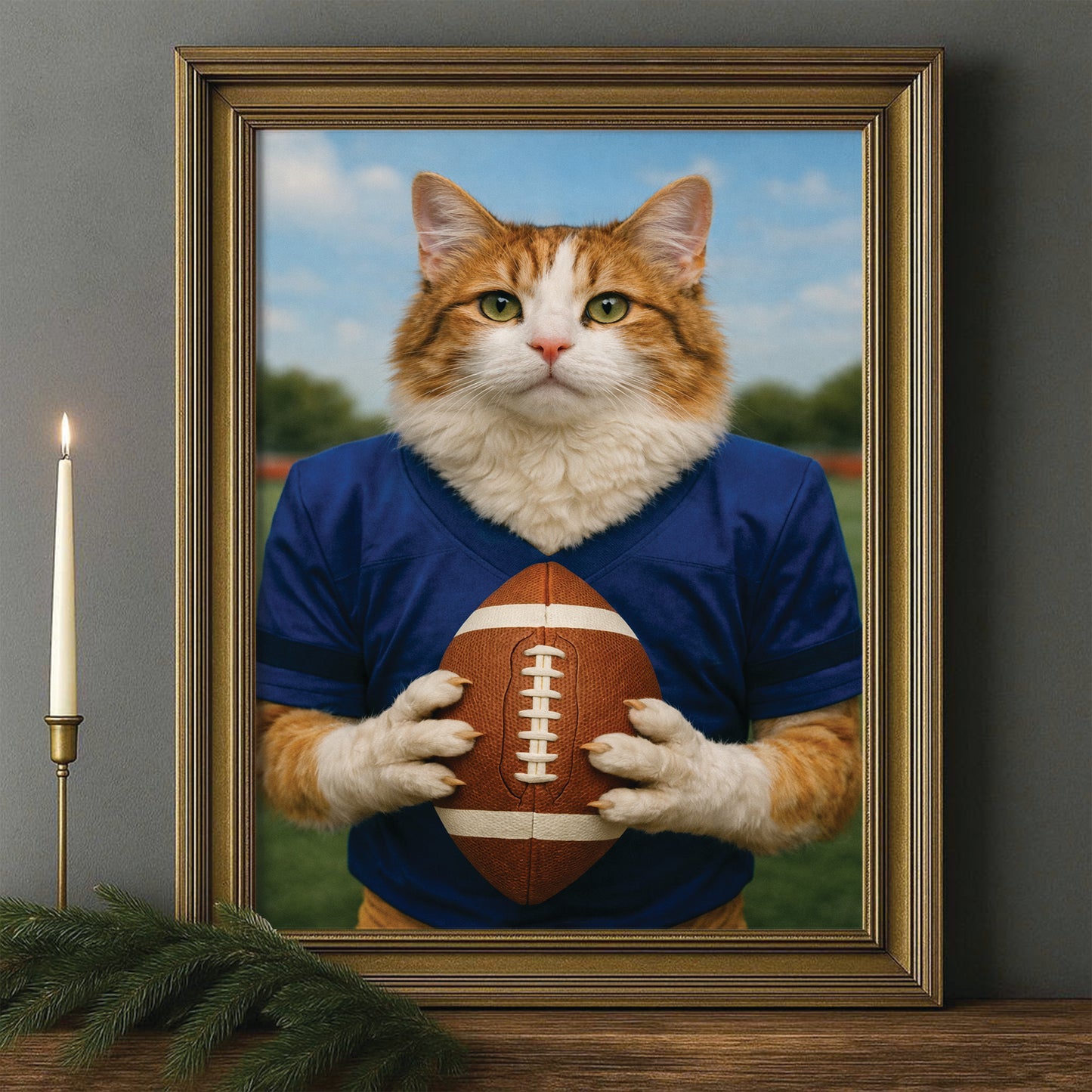 Custom Photo Football Player Cat Canvas Framed Wall Art  Gift For Cat Lovers
