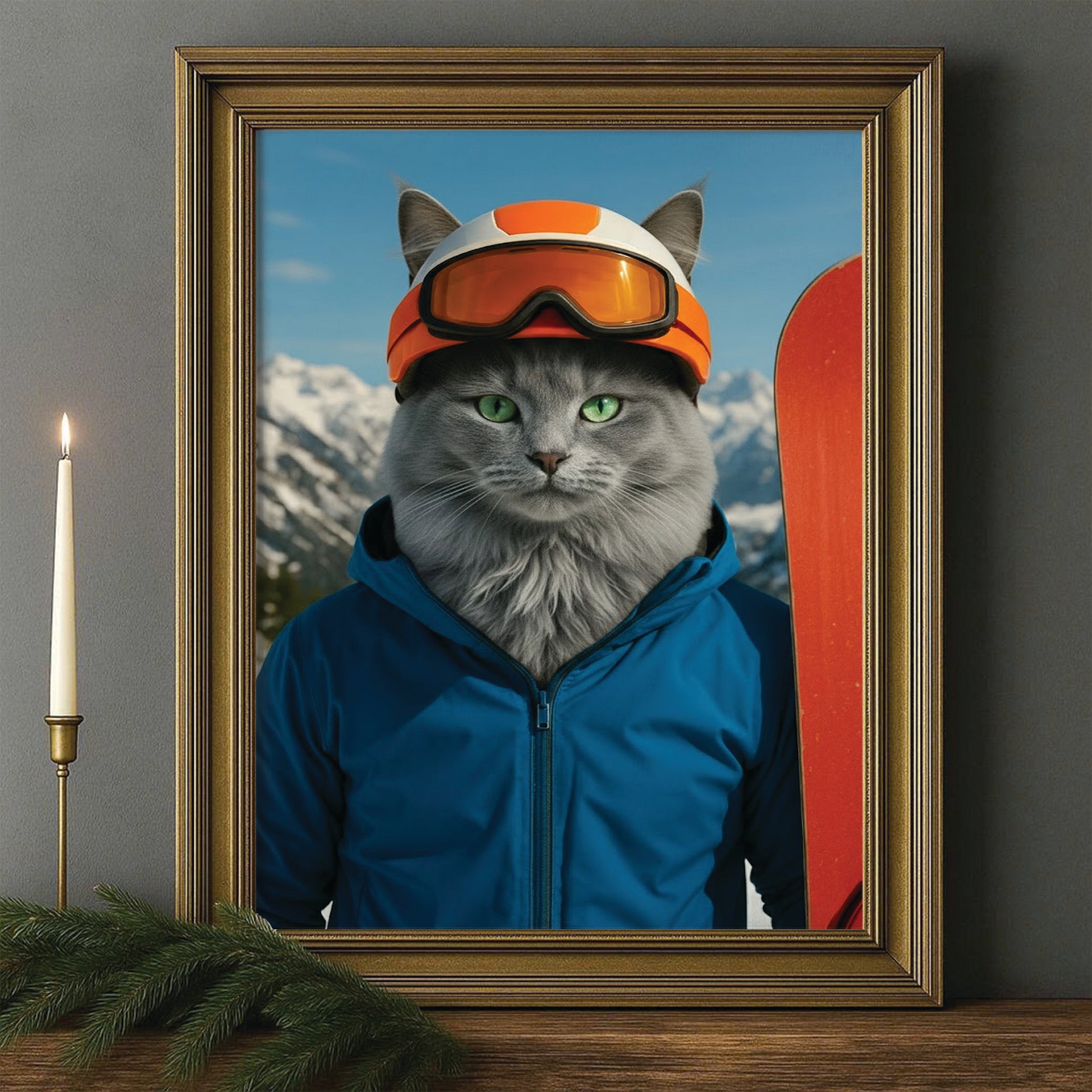 Custom Photo Snowboarder Cat Canvas Framed Wall Art Gift For Cat Lovers