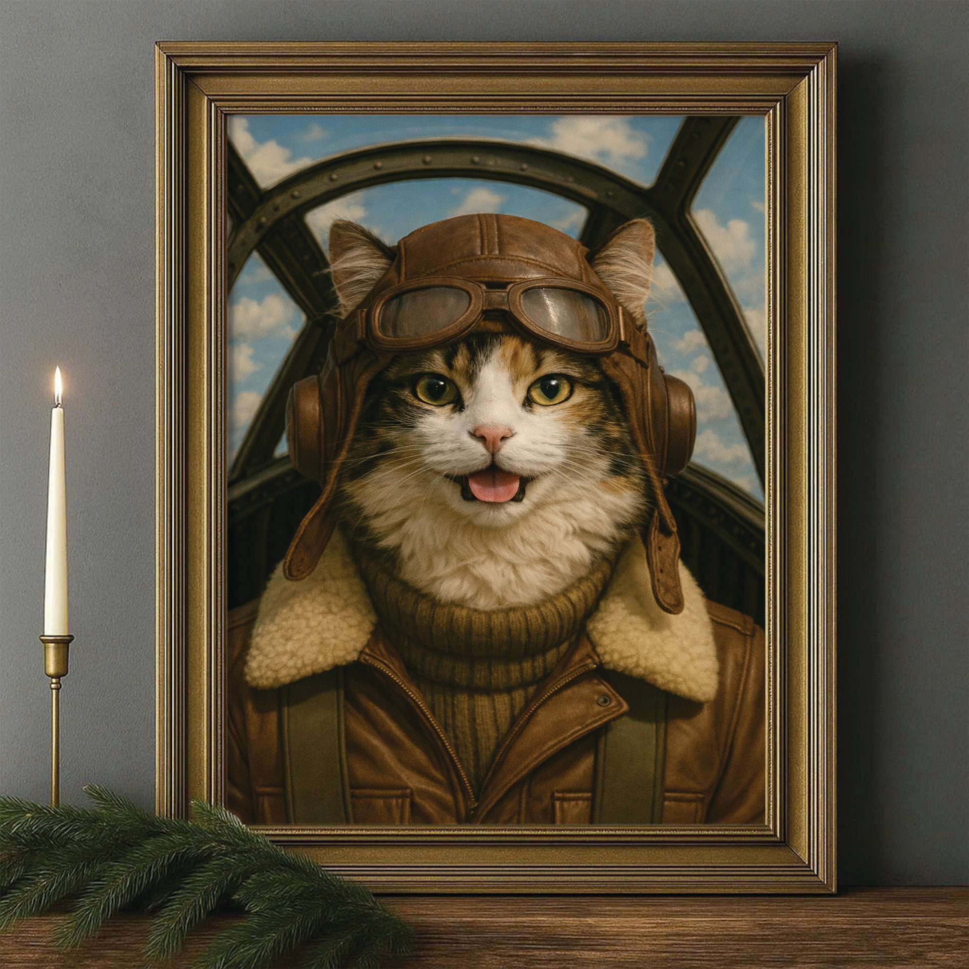 Custom Photo Pilot Cat Canvas Framed Wall Art Gift For Cat Lover