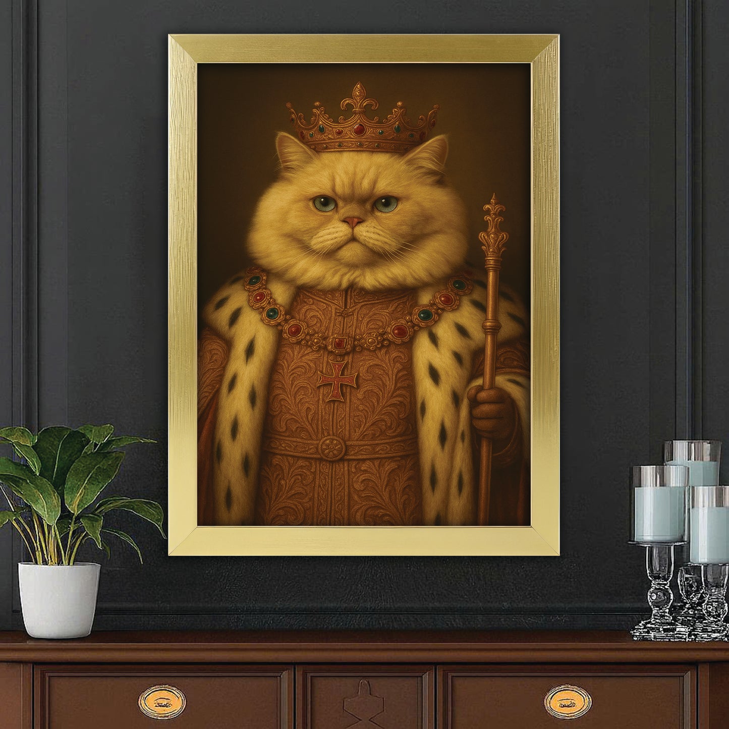 Custom Photo Cat King Royal Canvas Framed Wall Art _ Gift For Cat Lovers