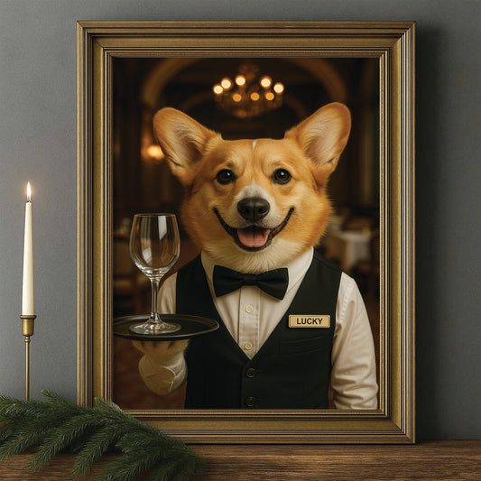 Custom Photo Dog Waiter Restaurant Canvas Framed Wall Art Gift For Dog Lovers