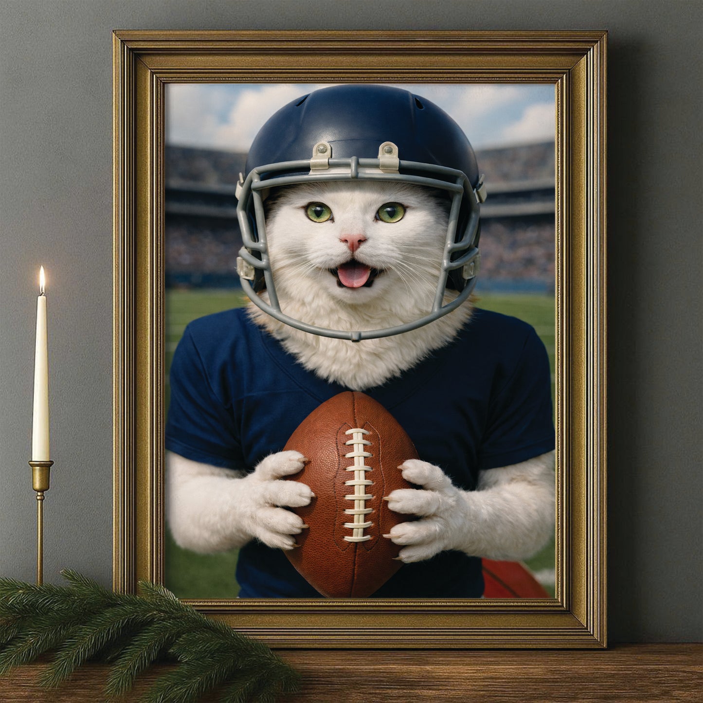 Custom Photo Footaball Cat Canvas Framed Wall Art  Gift For Cat Lovers