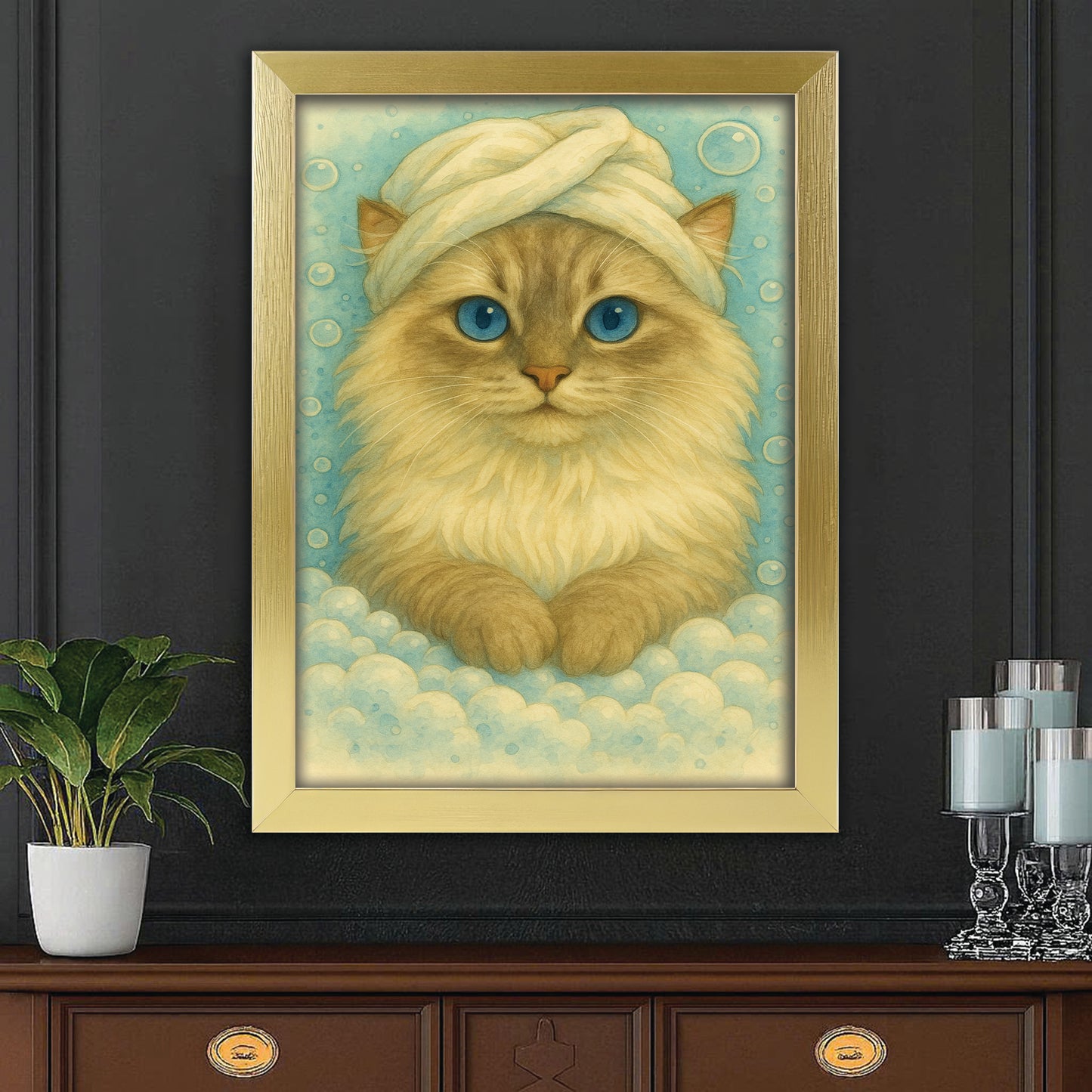 Custom Cat Potrait In Bathroom Canvas Framed Wall Art