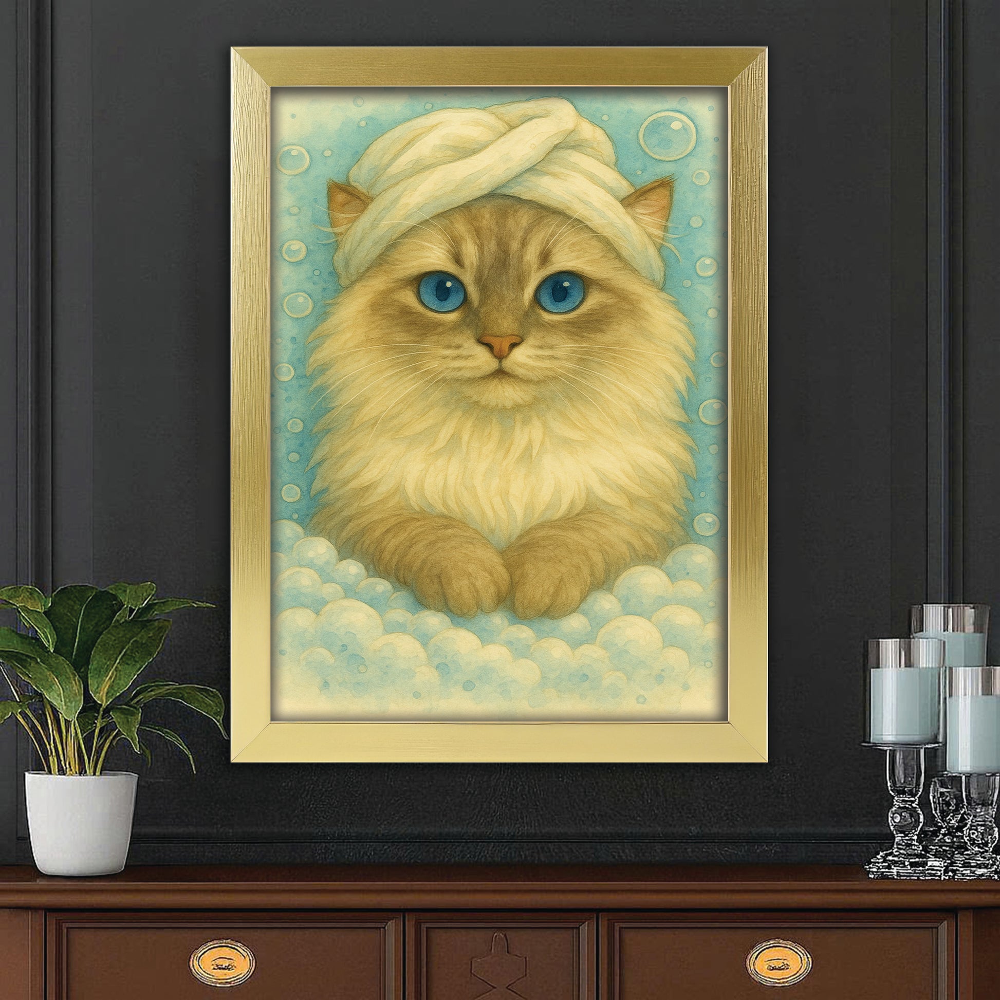 Custom Cat Potrait In Bathroom Canvas Framed Wall Art