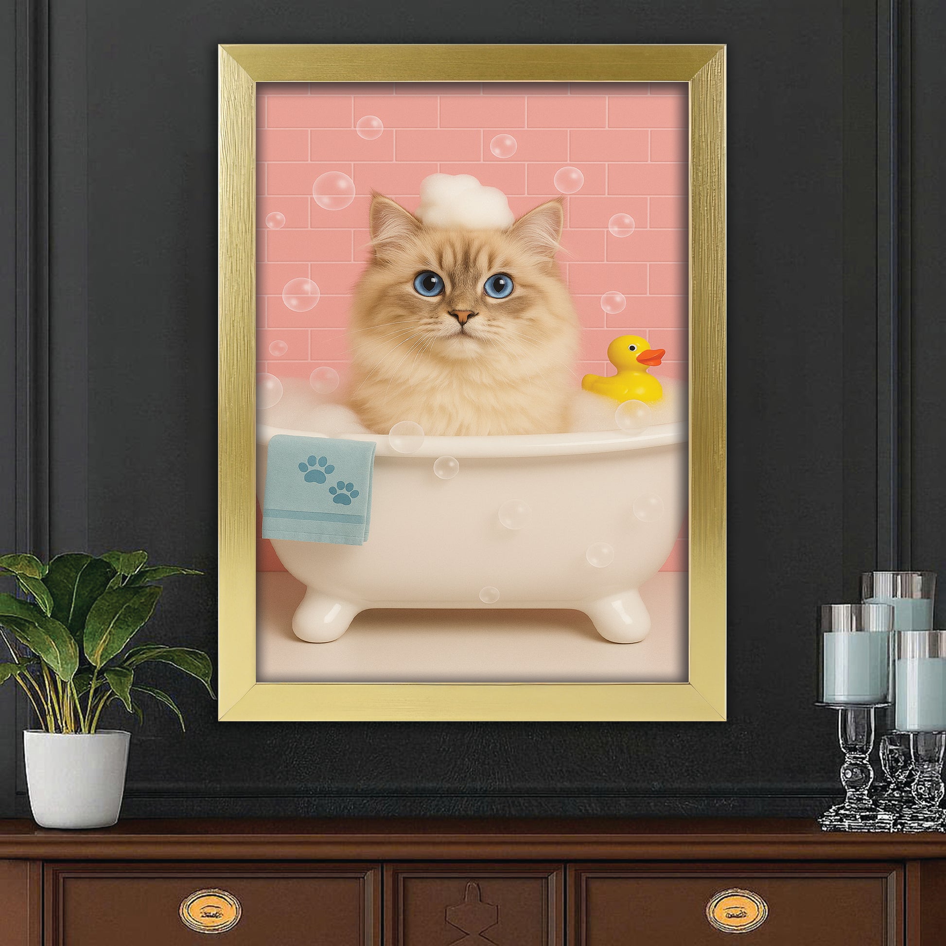 Custom Photo Cat In Bath Canvas Framed Wall Art Gift For Cat Lovers