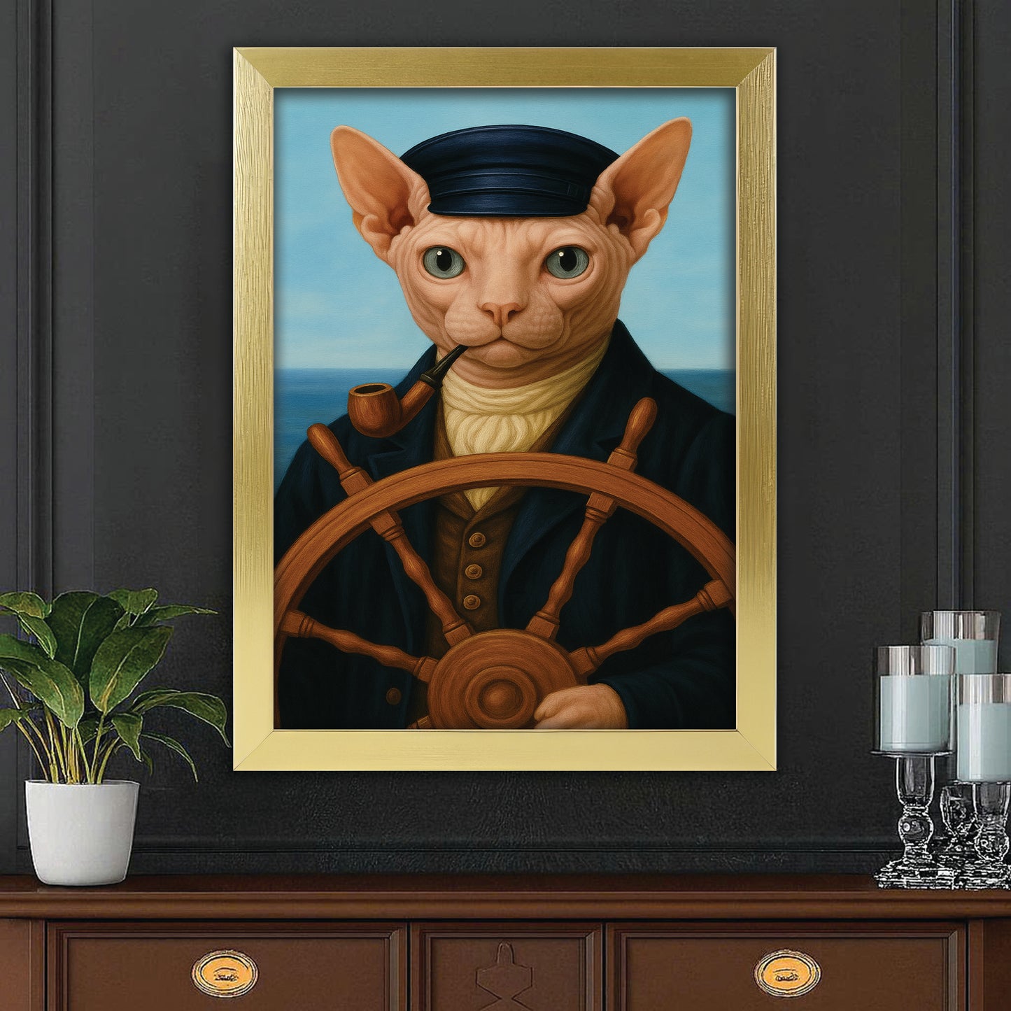 Custom Photo Sailor Cat Canvas Framed Wall Art Gift For Cat Lovers