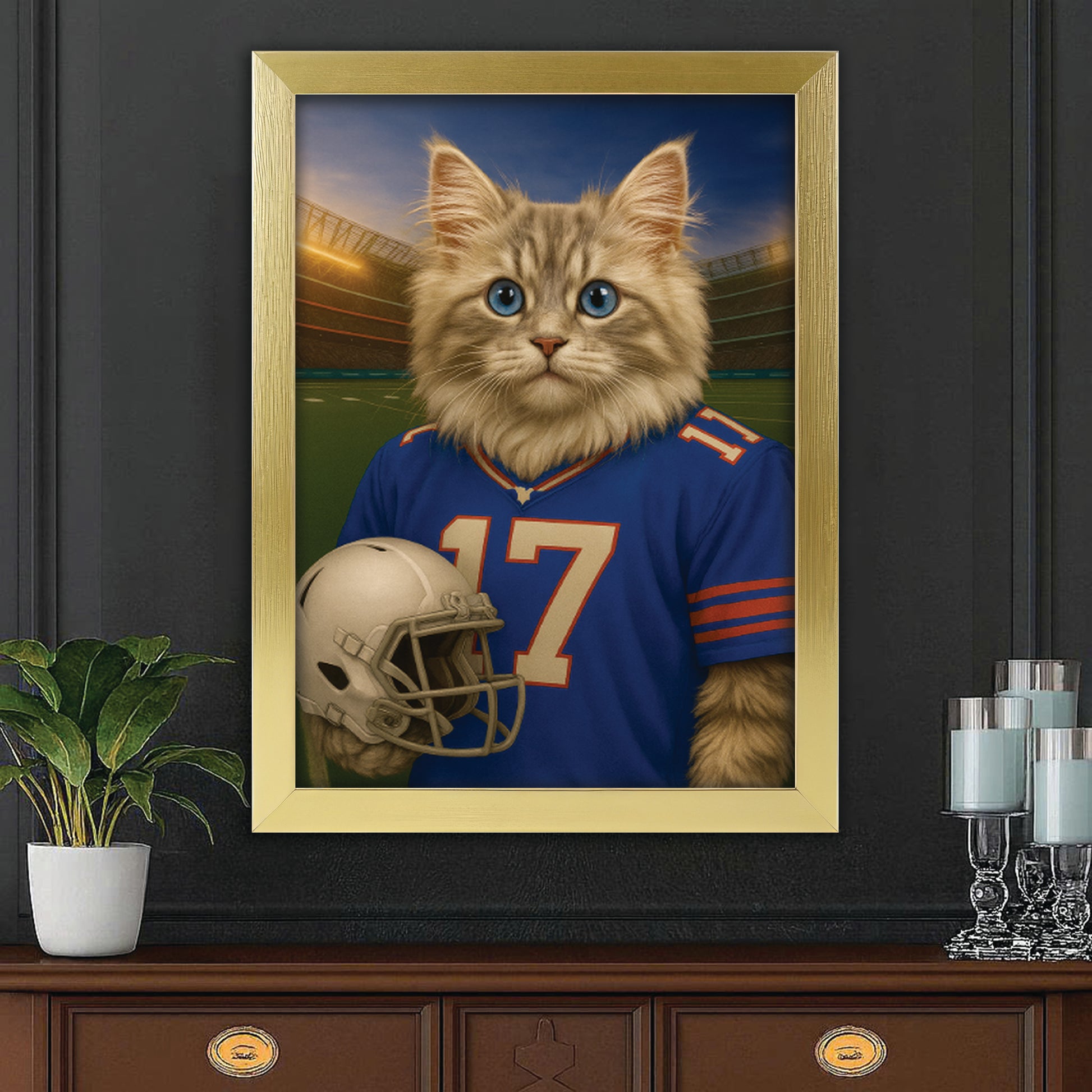 Custom Cat Photo Football Style Canvas Framed Wall Art _ Gift For Cat Lovers