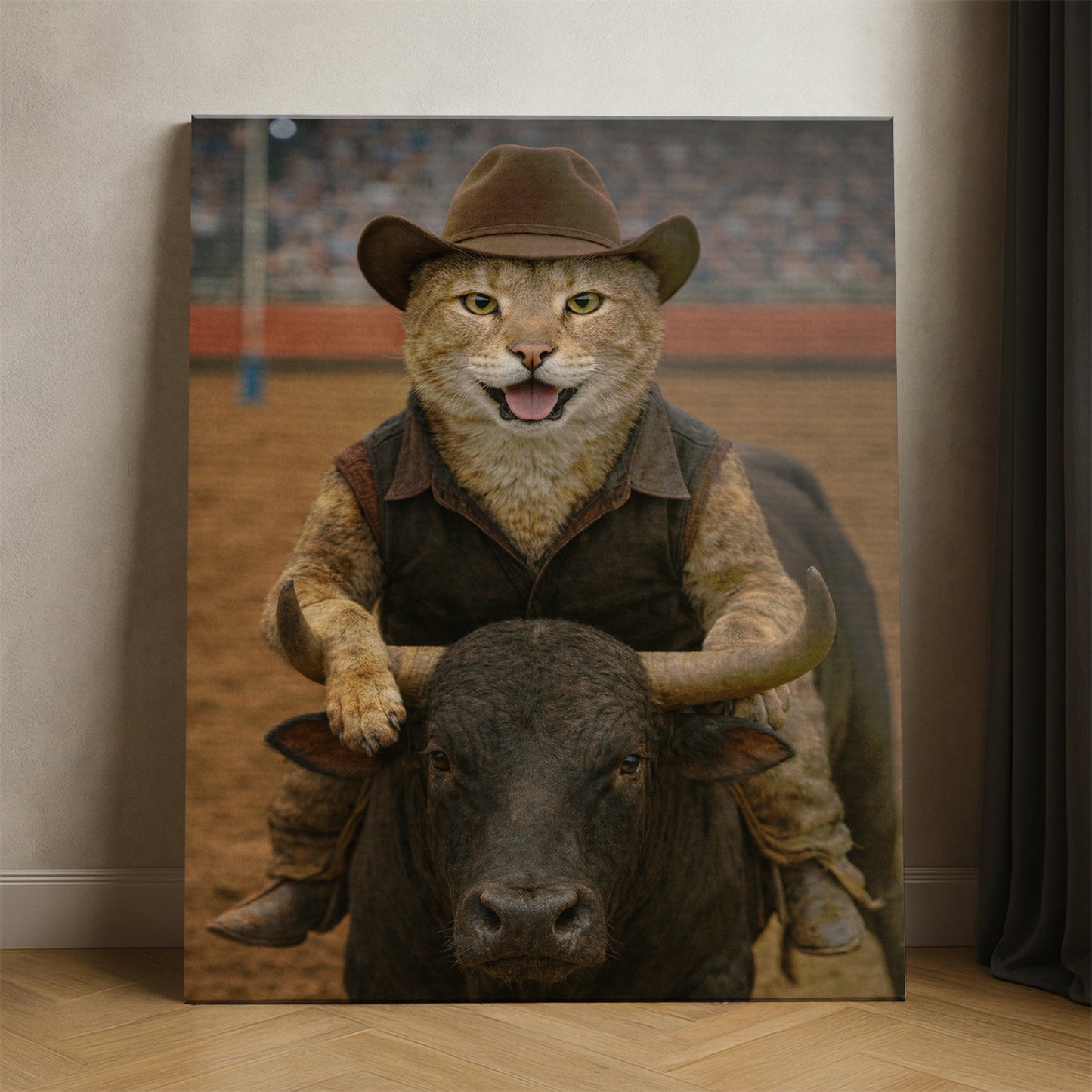 Custom Photo Bull Rider Cowboy Cat Canvas Gift For Cat Lovers