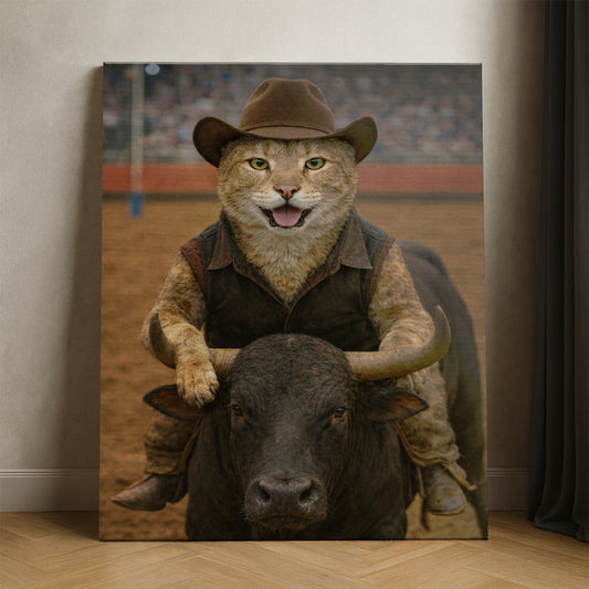 Custom Photo Bull Rider Cowboy Cat Canvas Gift For Cat Lovers