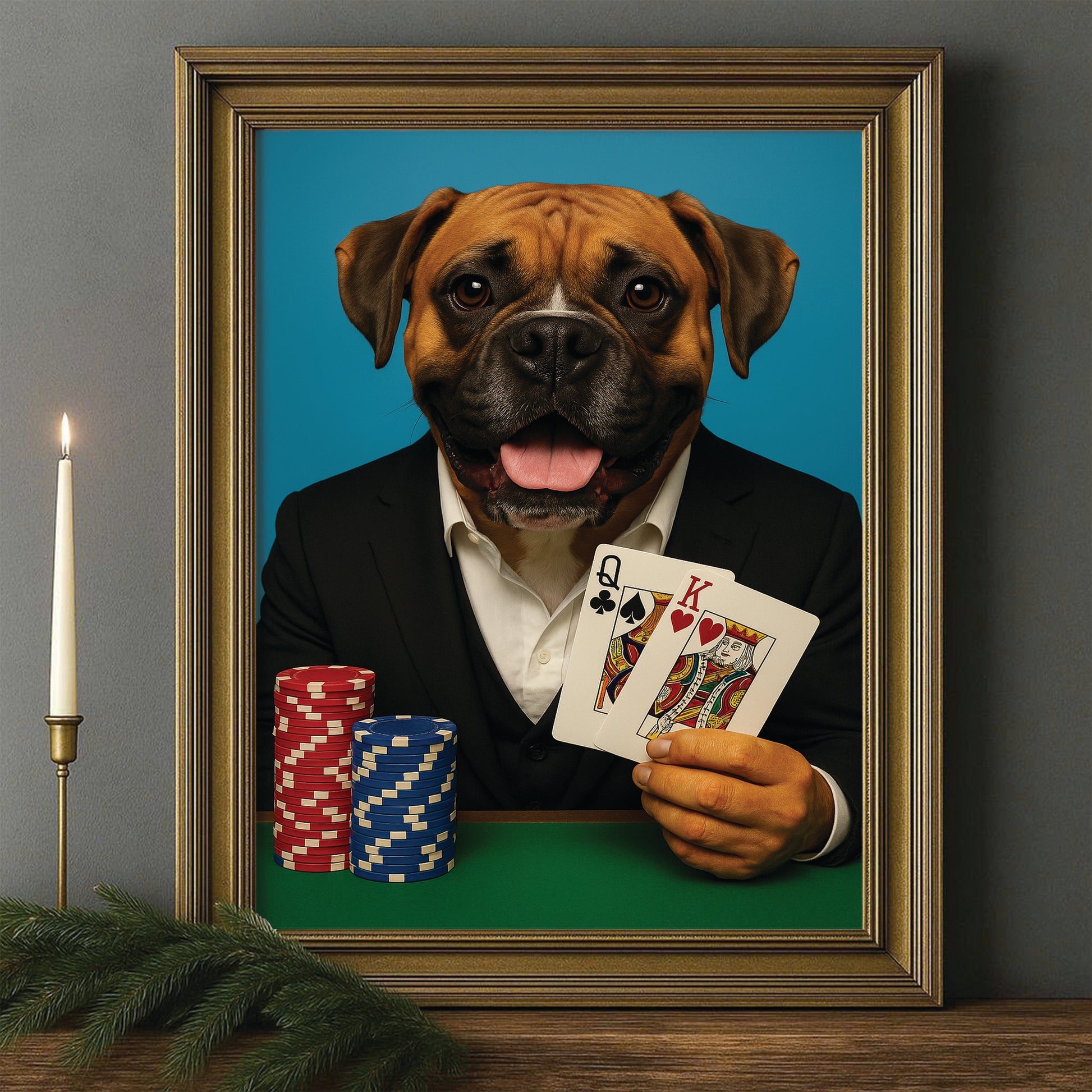 Custom Photo Poker Player Dog Canvas Framed Wall Art Gift For Dog Lovers
