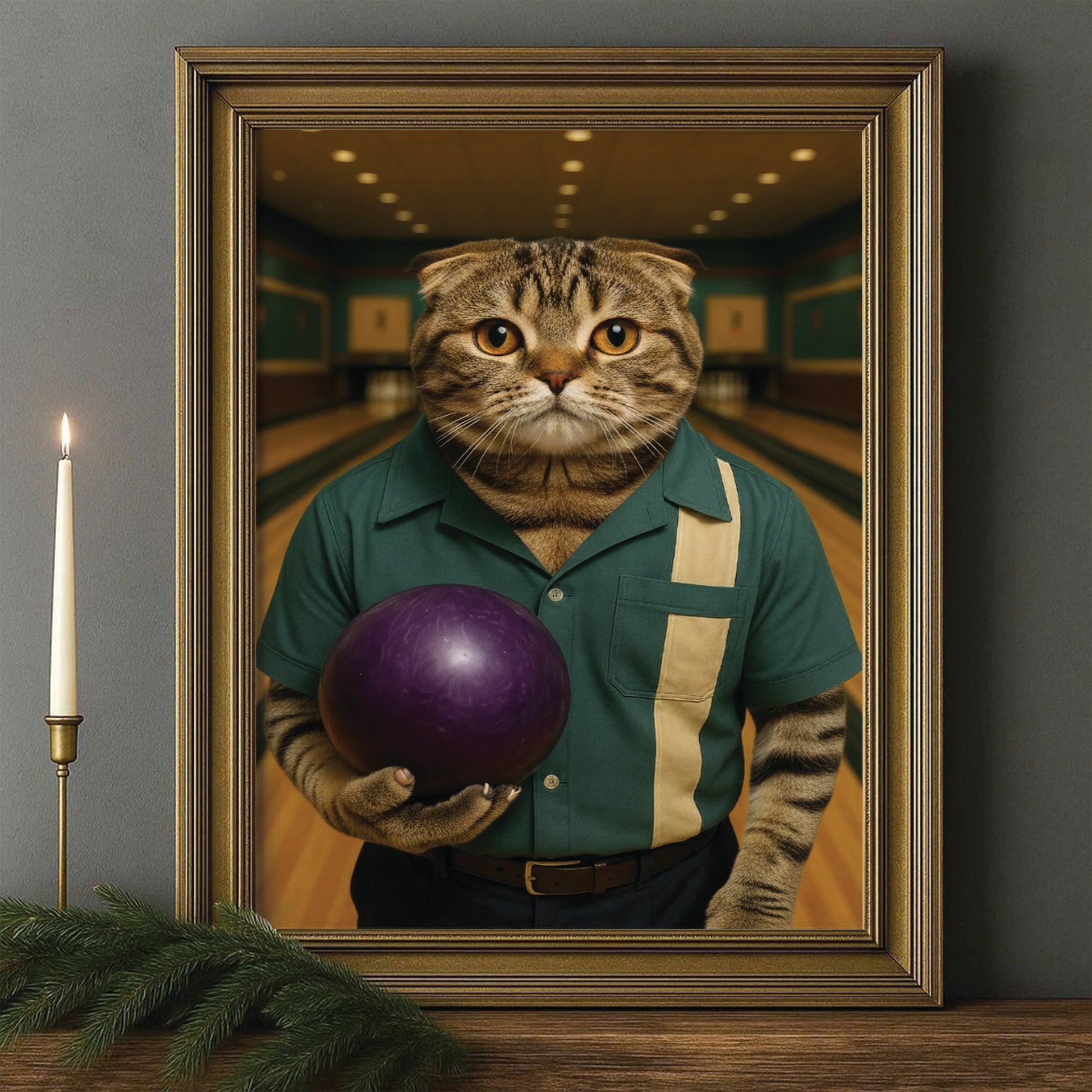 Custom Photo Bowling Cat Canvas Framed Wall Art Gift For Cat Lovers