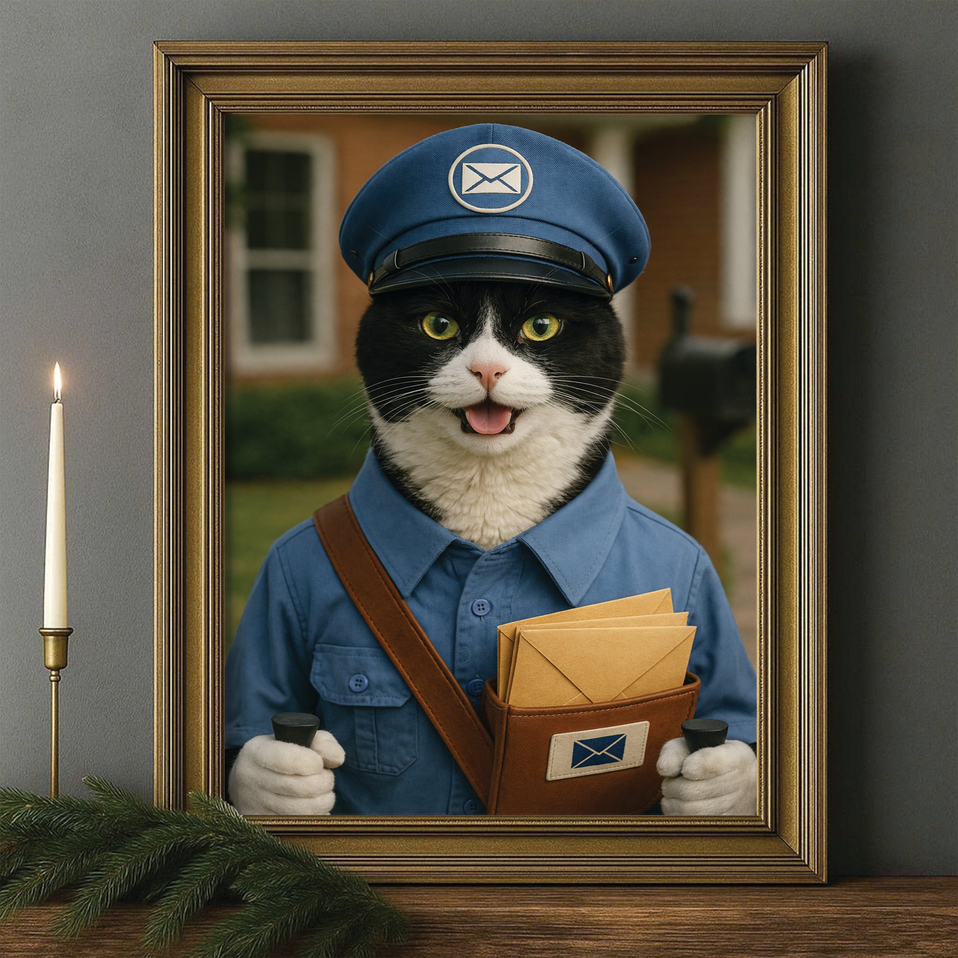Custom Photo Mail Carrier Cat Canvas Framed Wall Art Gift For Cat Lovers