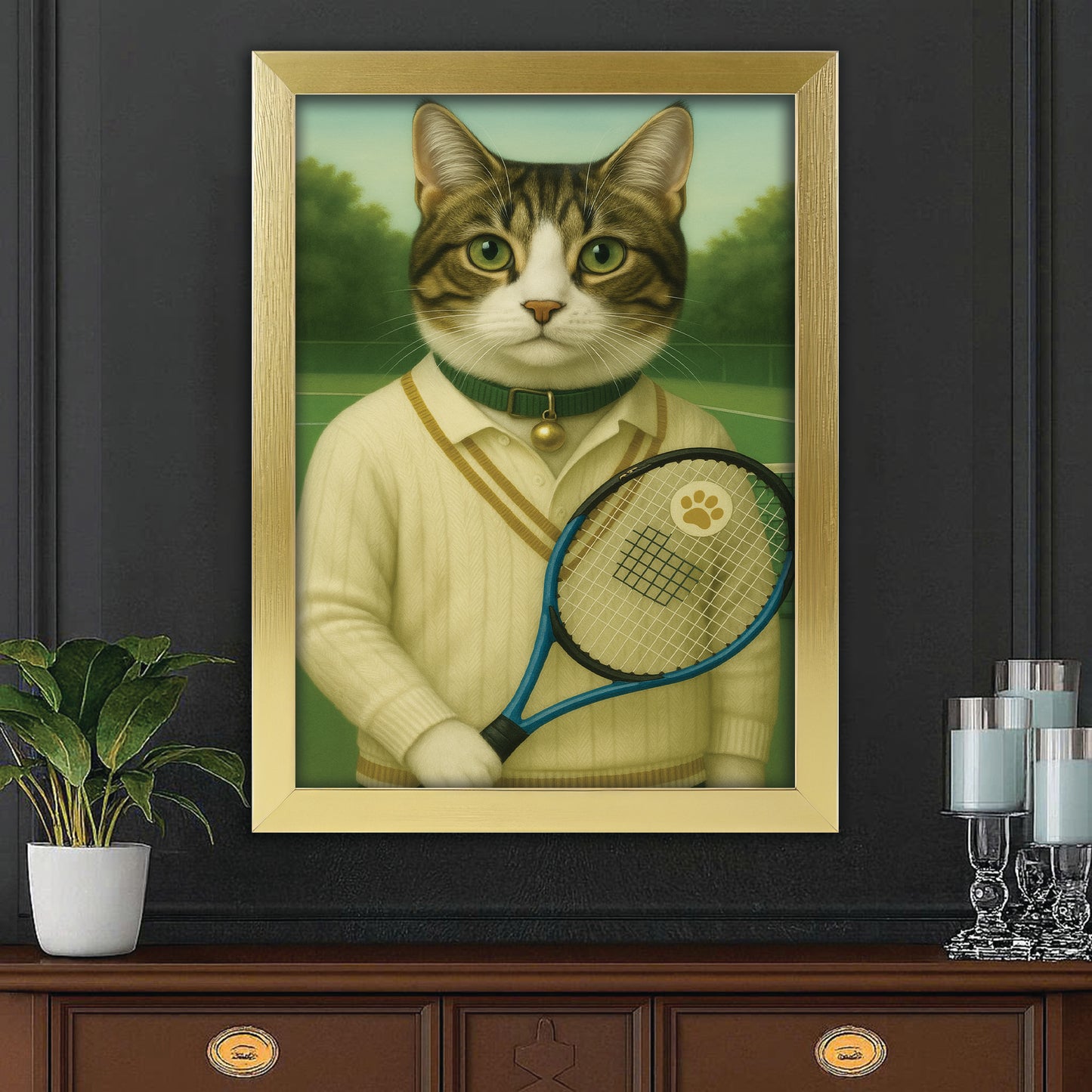 Custom Photo Tennis Player Cat Canvas Framed Wall Art