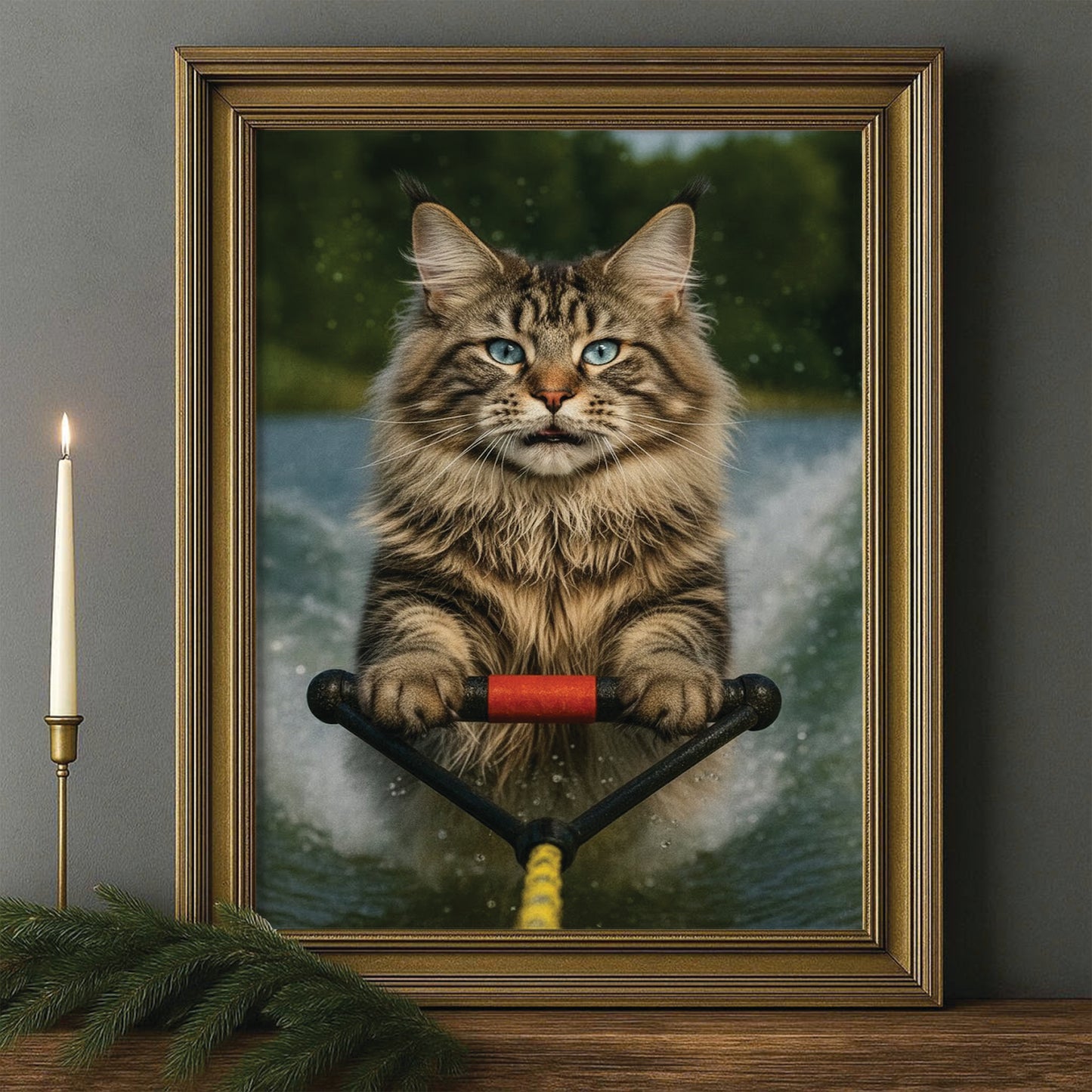 Custom Photo Water Ski Cat Canvas Framed Wall Art Gift For Cat Lovers