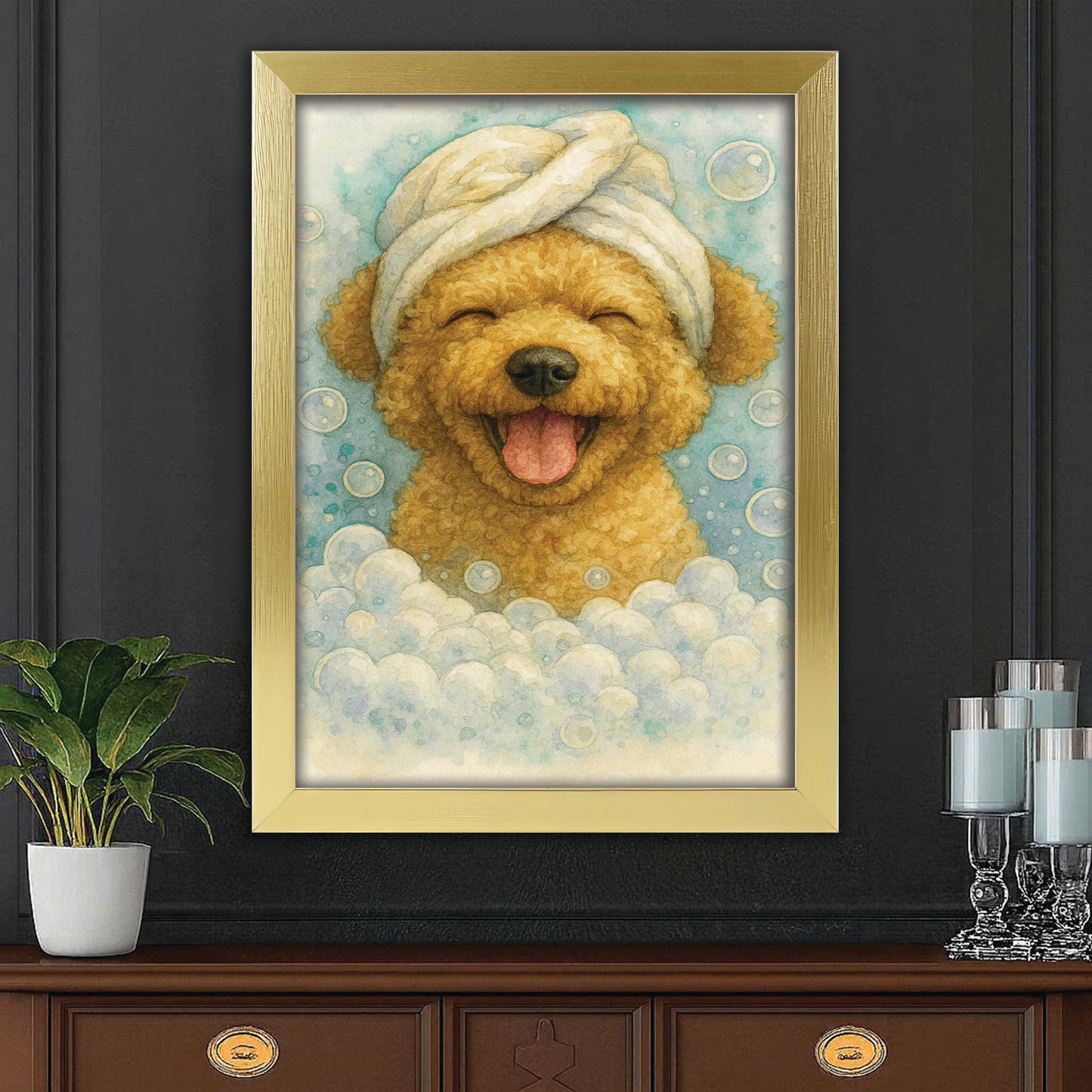 Custom Dog Potrait In Bathroom Canvas Framed Wall Art