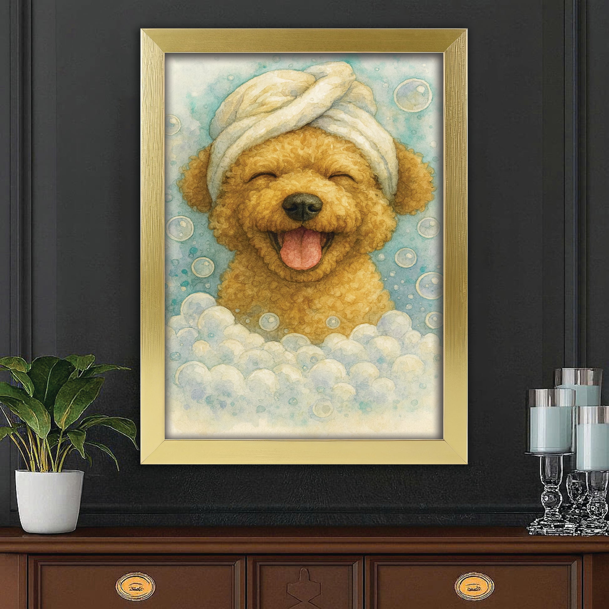 Custom Dog Potrait In Bathroom Canvas Framed Wall Art