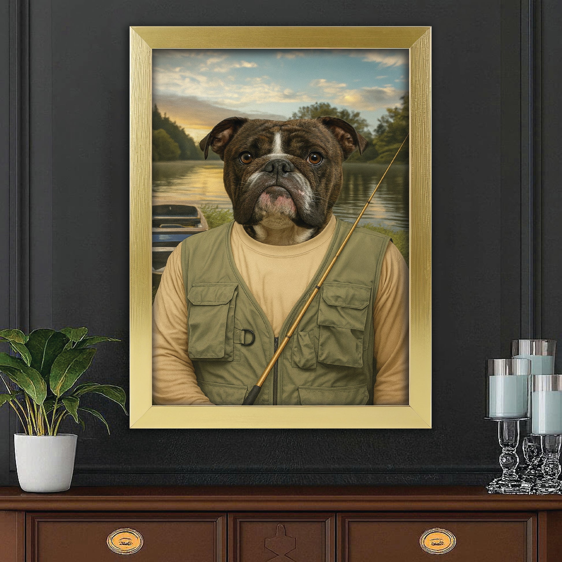 Custom Photo Fisherman Dog Canvas Framed Wall Art