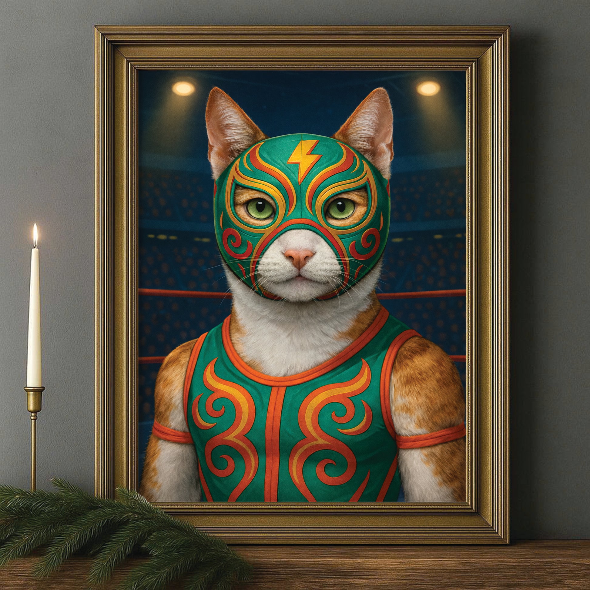 Custom Photo Lucha Libre Wrestler Mask Cat Canvas Framed Wall Art Gift For Cat Lovers