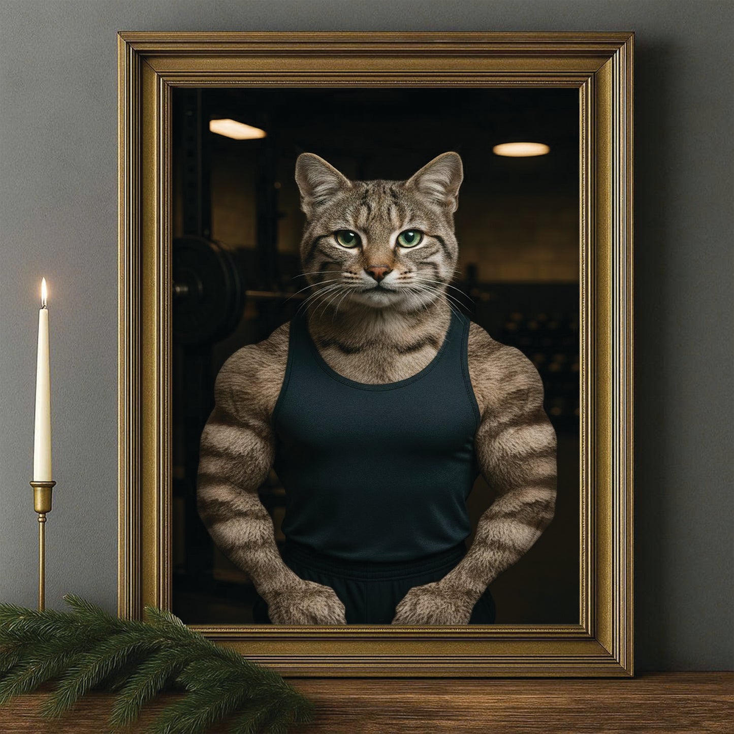 Custom Photo Body Builder Cat Canvas Framed Wall Art Gift For Cat Lovers