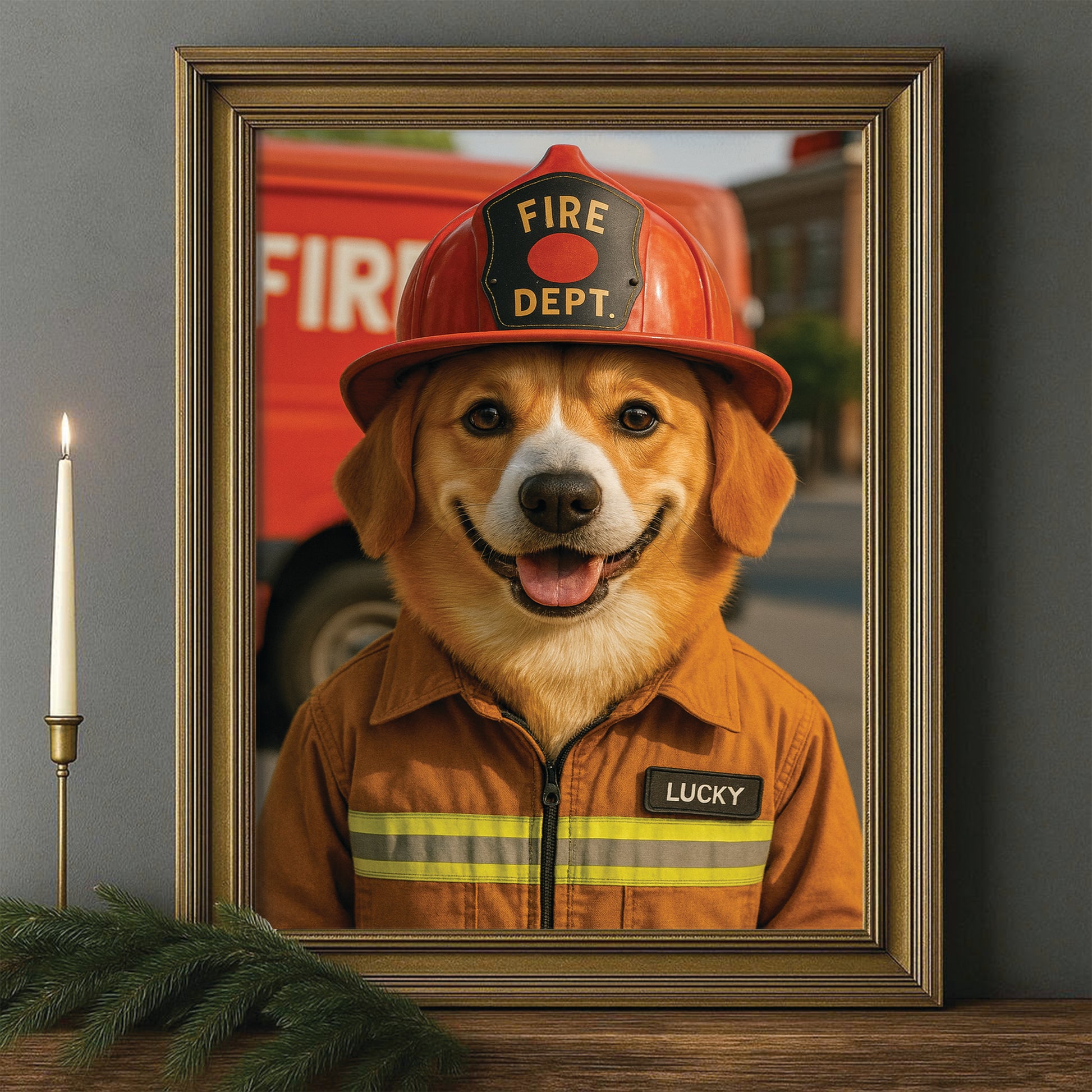 Custom Photo Fire Fighter Dog Canvas Framed Wall Art Gift For Dog Lovers