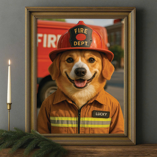 Custom Photo Fire Fighter Dog Canvas Framed Wall Art Gift For Dog Lovers