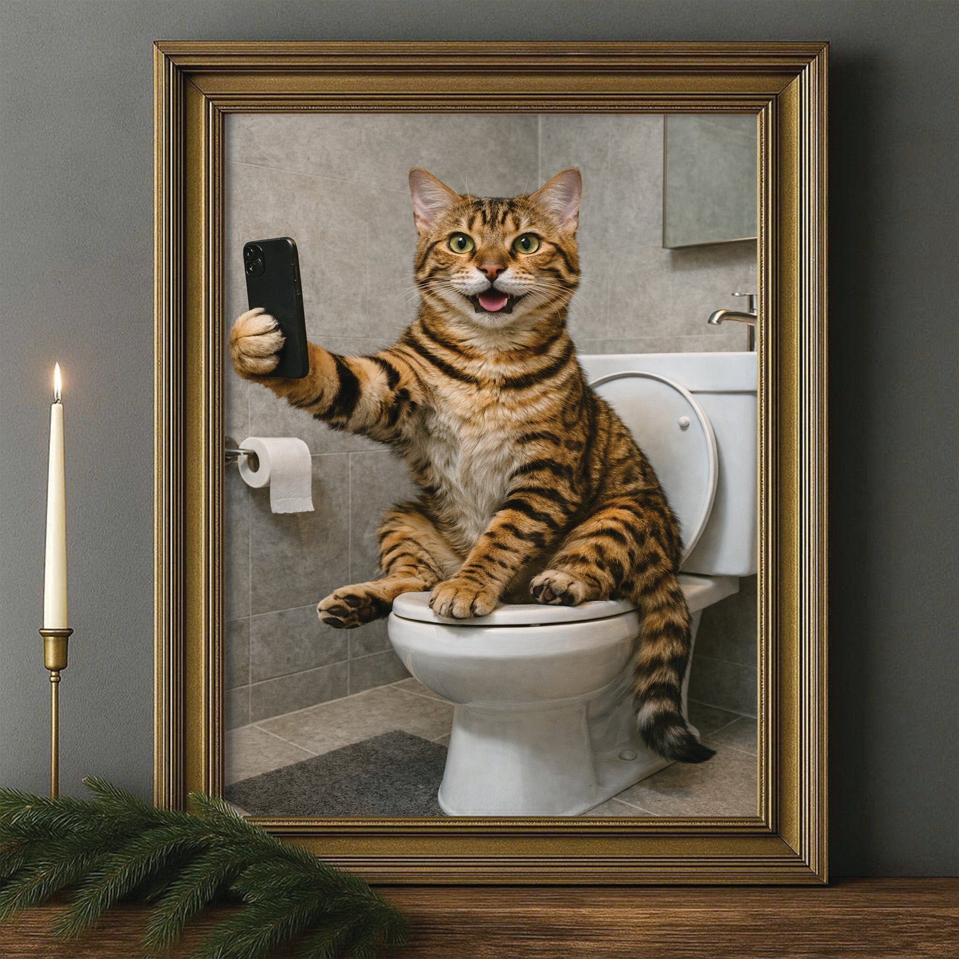 Custom Photo Cat Sefie Bathroom Canvas Framed Wall Art Gift For Cat Lover