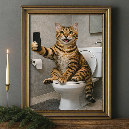 Custom Photo Cat Sefie Bathroom Canvas Framed Wall Art Gift For Cat Lover