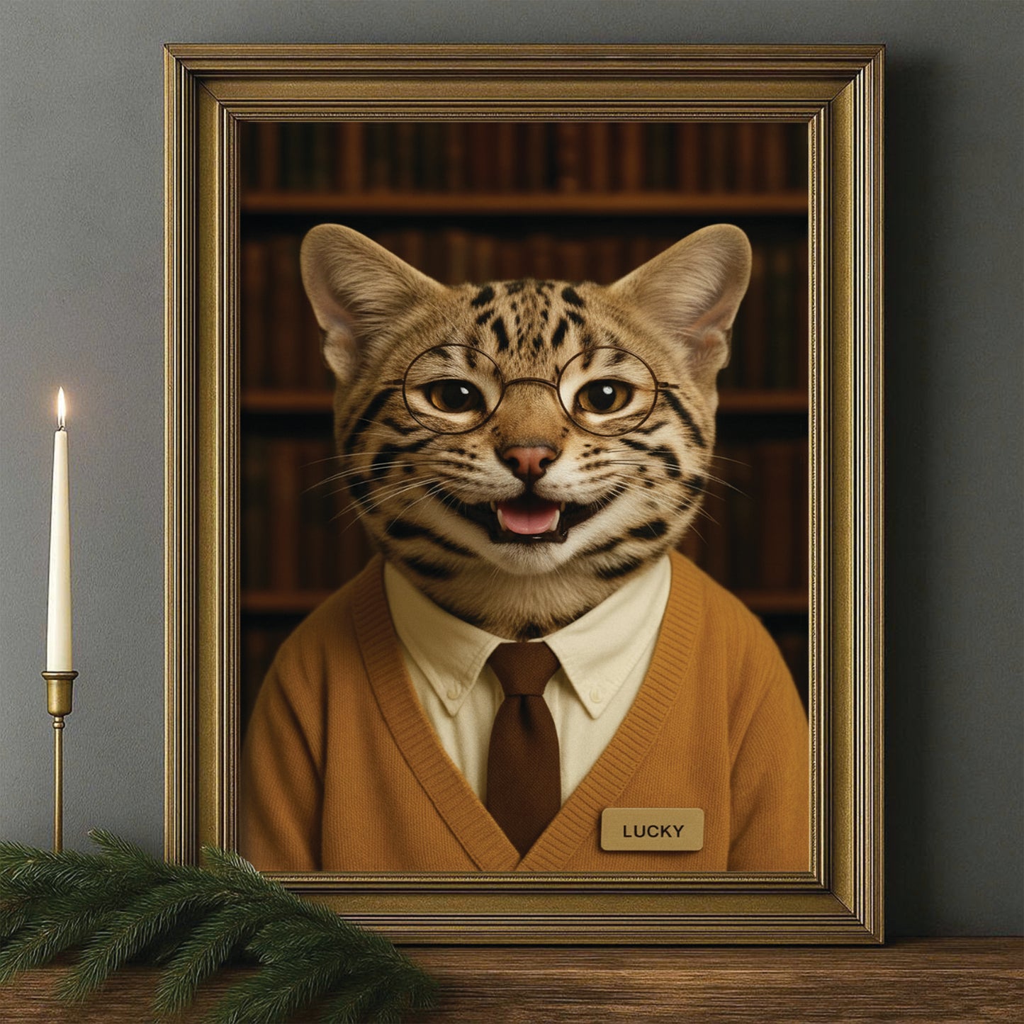 Custom Photo Librarian Book Lover Cat Canvas Framed Wall Art Gift For Cat Lovers