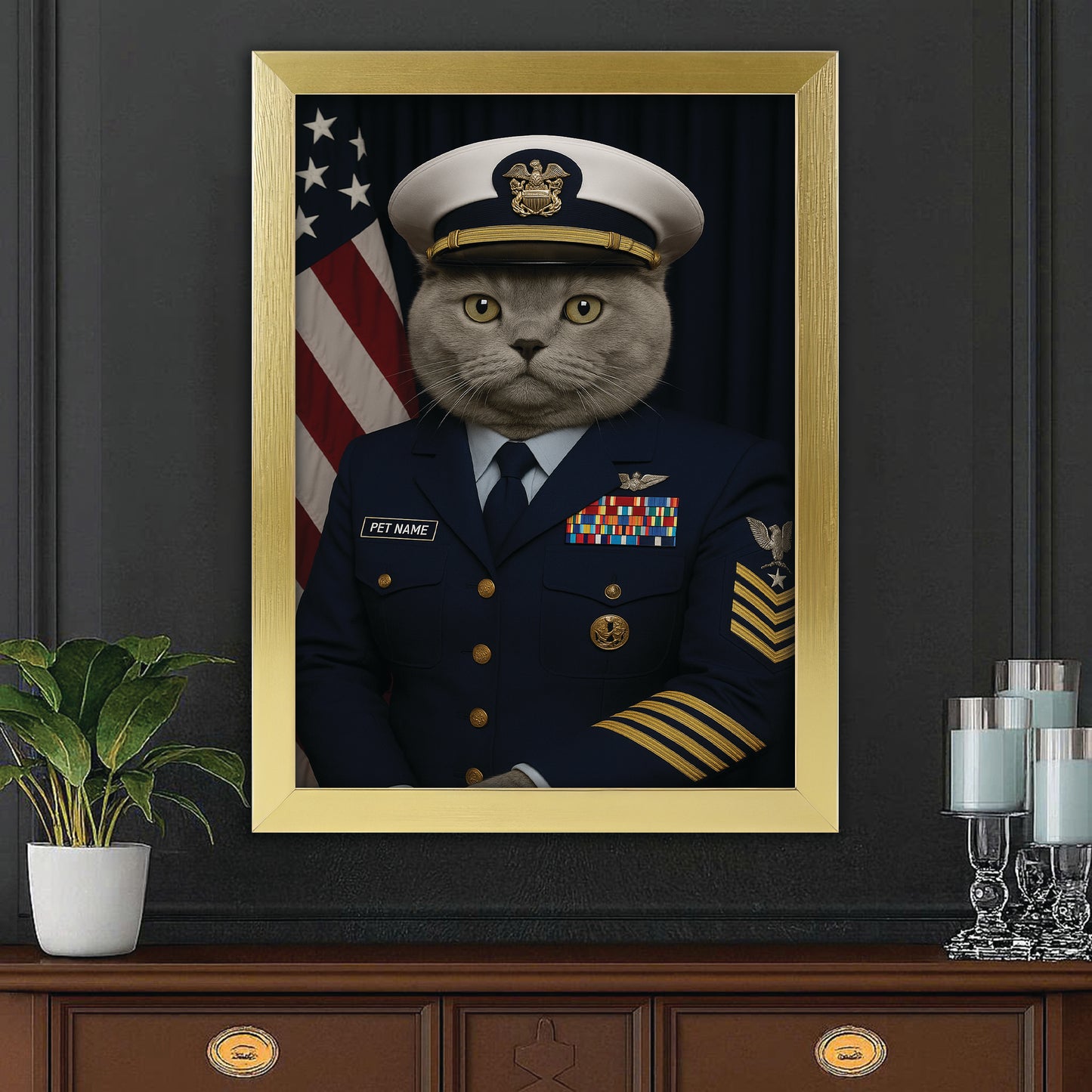 Custom Cat Photo Us Navy Canvas Framed Wall Art _ Gift For Cat Lovers