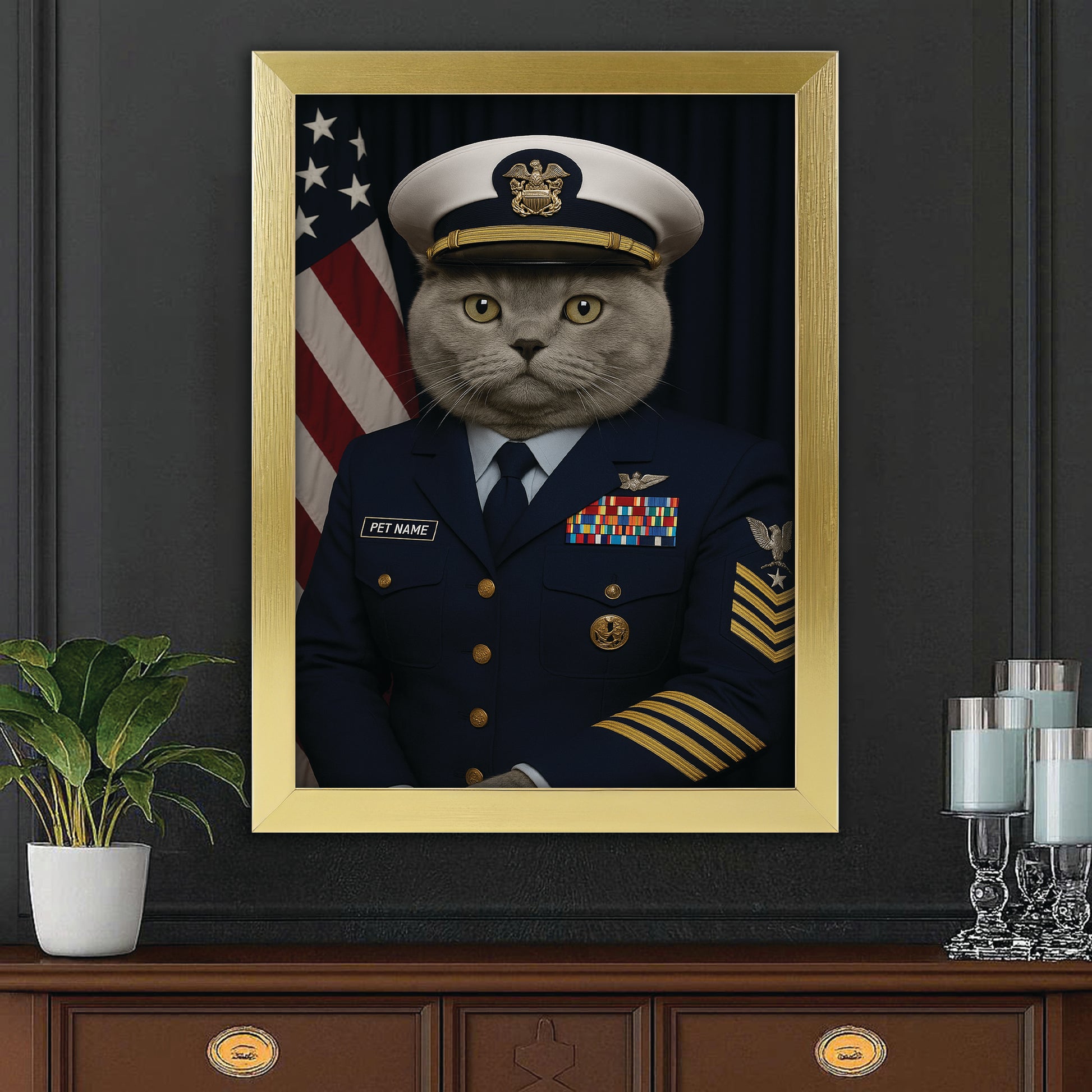Custom Cat Photo Us Navy Canvas Framed Wall Art _ Gift For Cat Lovers