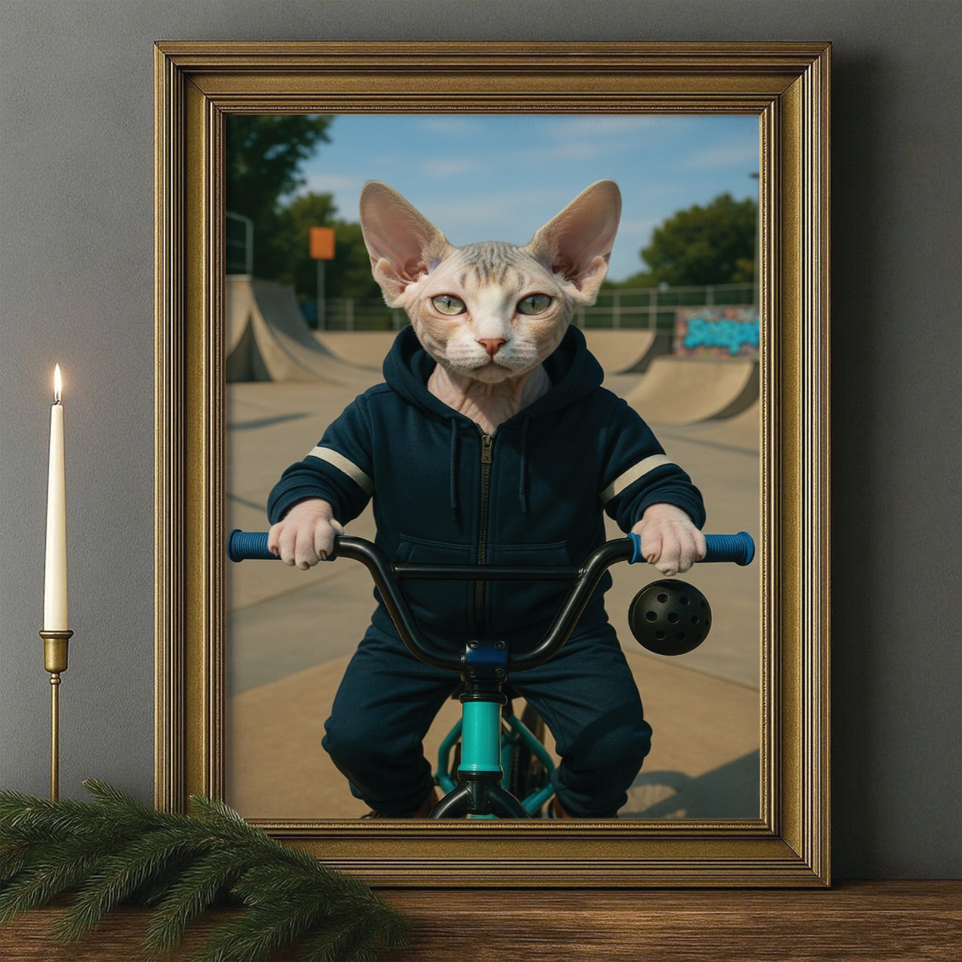 Custom Photo Bmx Bike Cat Canvas Framed Wall Art Gift For Cat Lovers