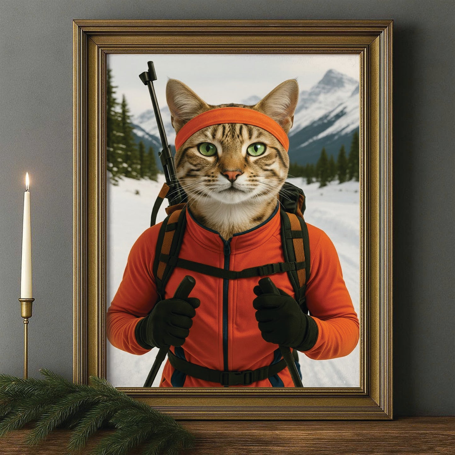 Custom Photo Biathlete Cross Country Skiing Cat Canvas Framed Wall Art Gift For Cat Lovers