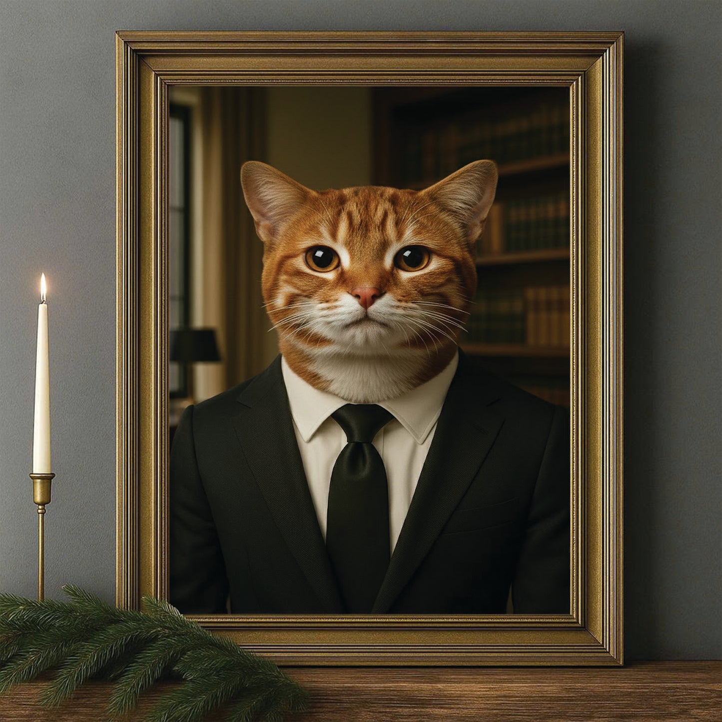 Custom Photo Business man Ceo Cat Canvas Framed Wall Art Gift For Cat Lovers