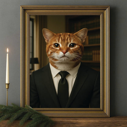 Custom Photo Business man Ceo Cat Canvas Framed Wall Art Gift For Cat Lovers